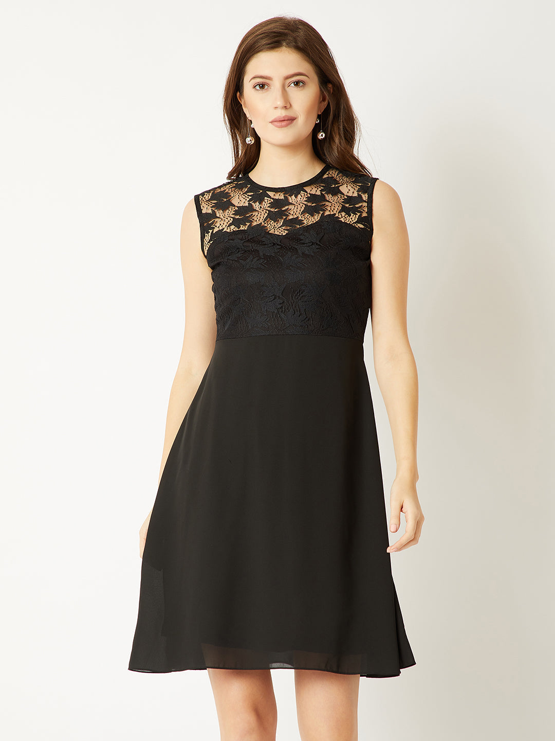 Women's Black Round Neck Sleeveless Solid Mini Lace Skater Dress