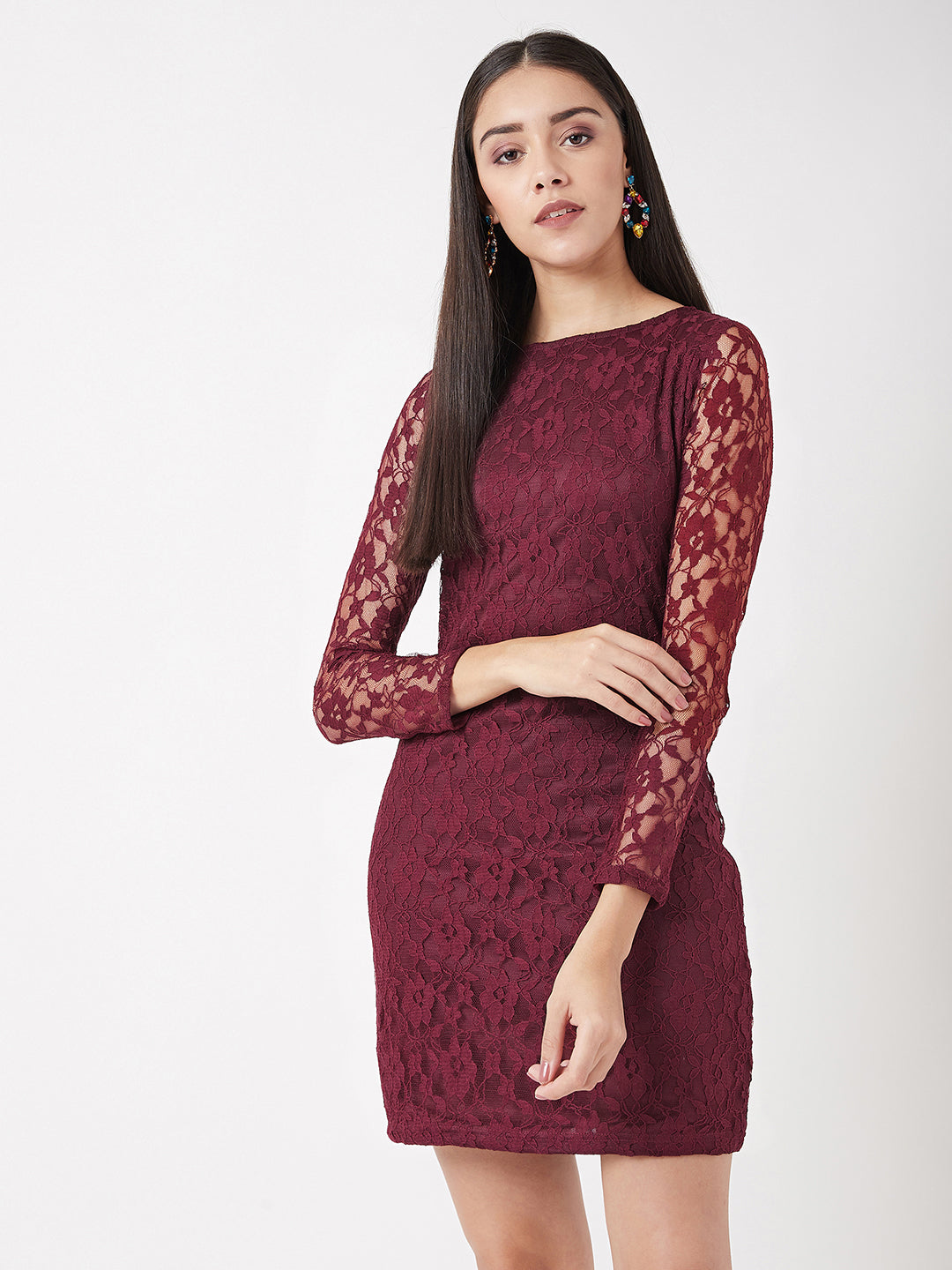 Women's Maroon Round Neck Full Sleeves Bodycon Dress