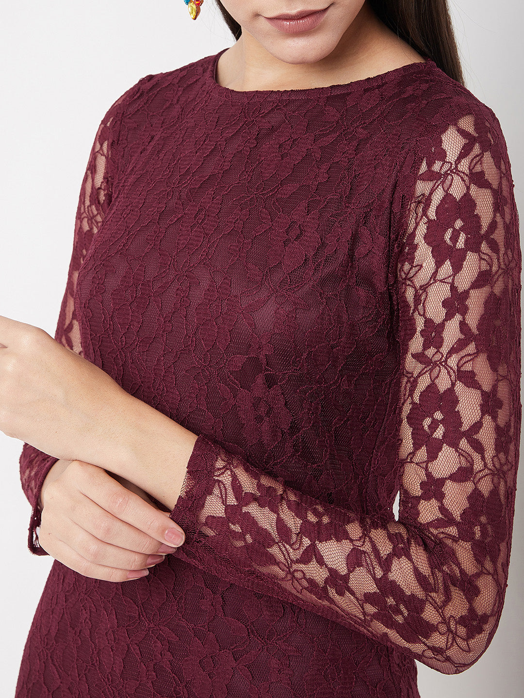 Women's Maroon Round Neck Full Sleeves Bodycon Dress