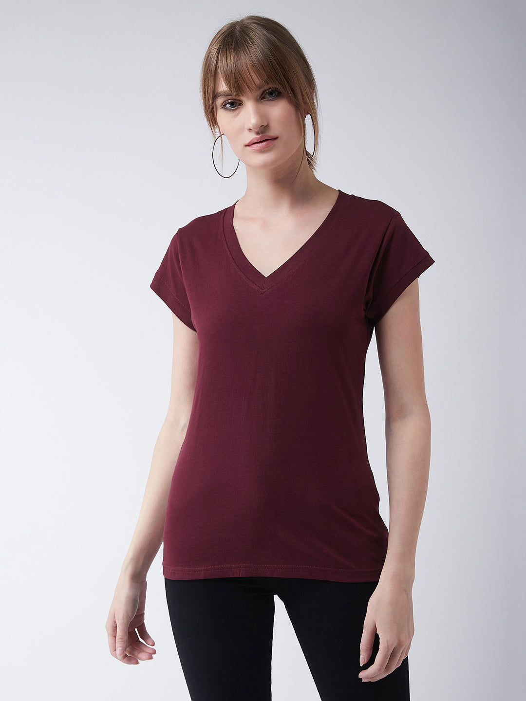 Women's Maroon V-Neck Short Sleeves Cotton Solid Top