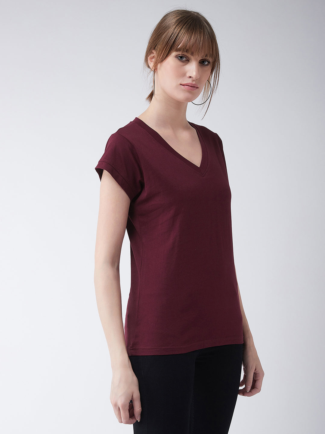 Women's Maroon V-Neck Short Sleeves Cotton Solid Top