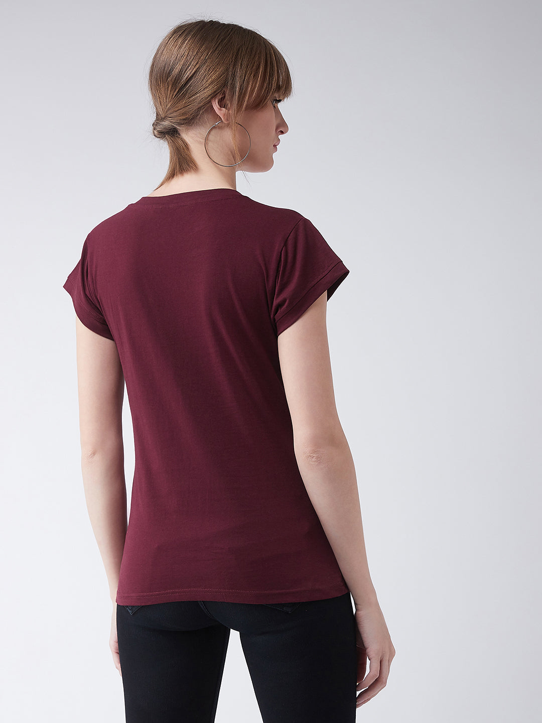 Women's Maroon V-Neck Short Sleeves Cotton Solid Top