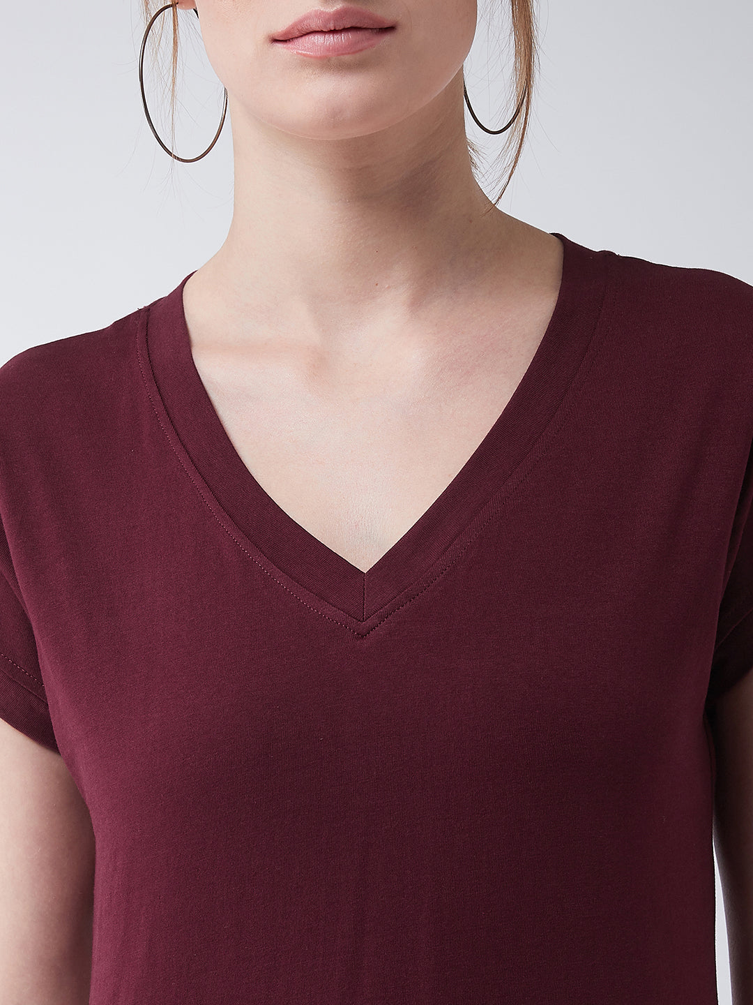 Women's Maroon V-Neck Short Sleeves Cotton Solid Top