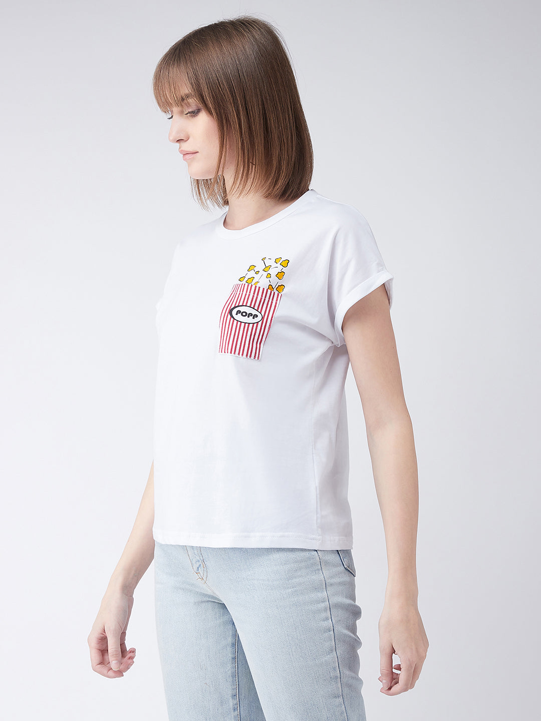 Women's White Cotton Round Neck Short Sleeve Graphic Print Basic T-Shirt