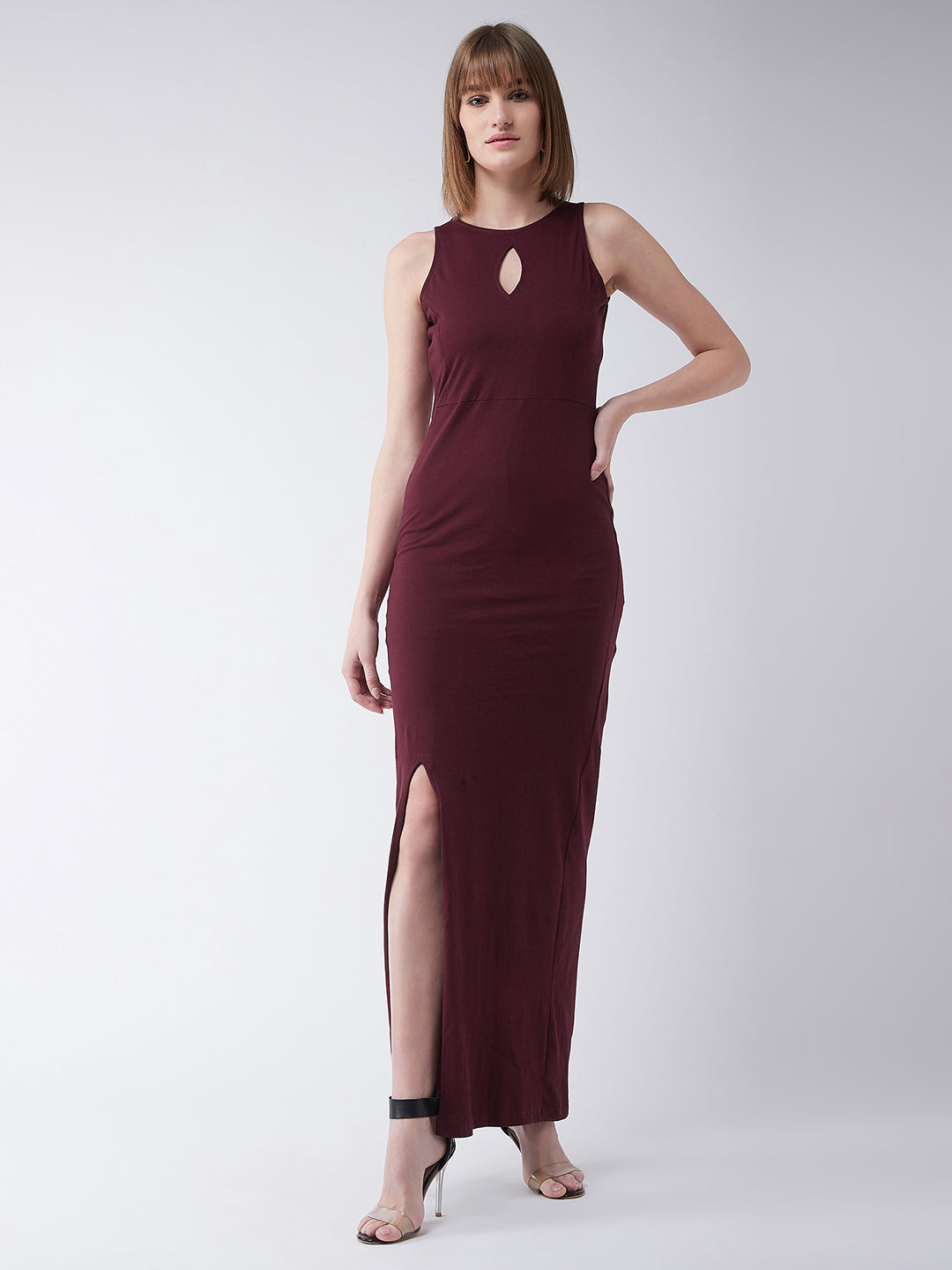 Women's Maroon Round Neck Sleeveless Cutout Front Slit Bodycon Maxi Dress