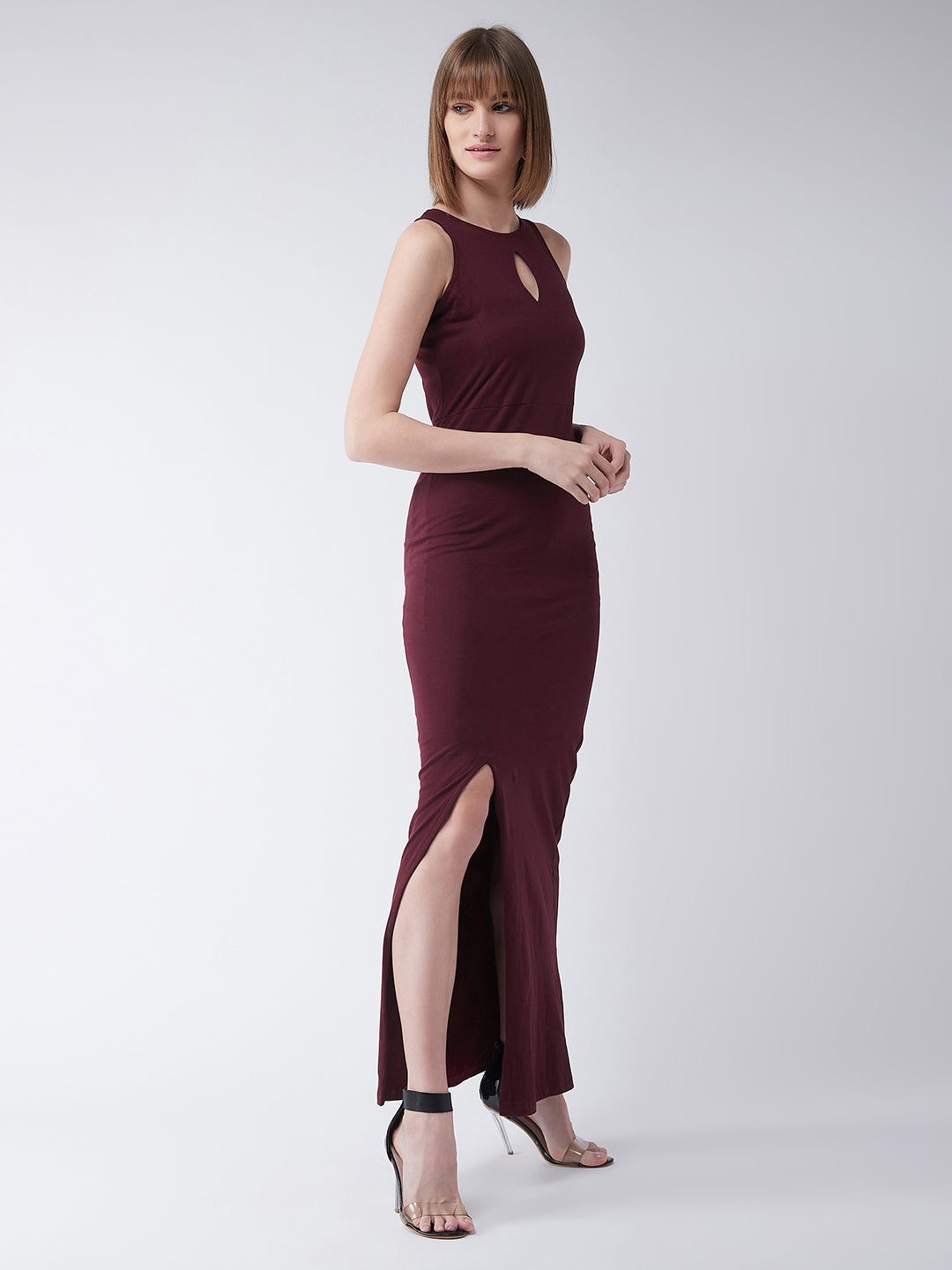 Women's Maroon Round Neck Sleeveless Cutout Front Slit Bodycon Maxi Dress