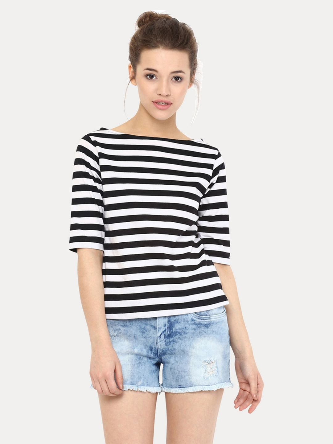 Women's Black and White Boat Neck Half Sleeves Solid Striped Top