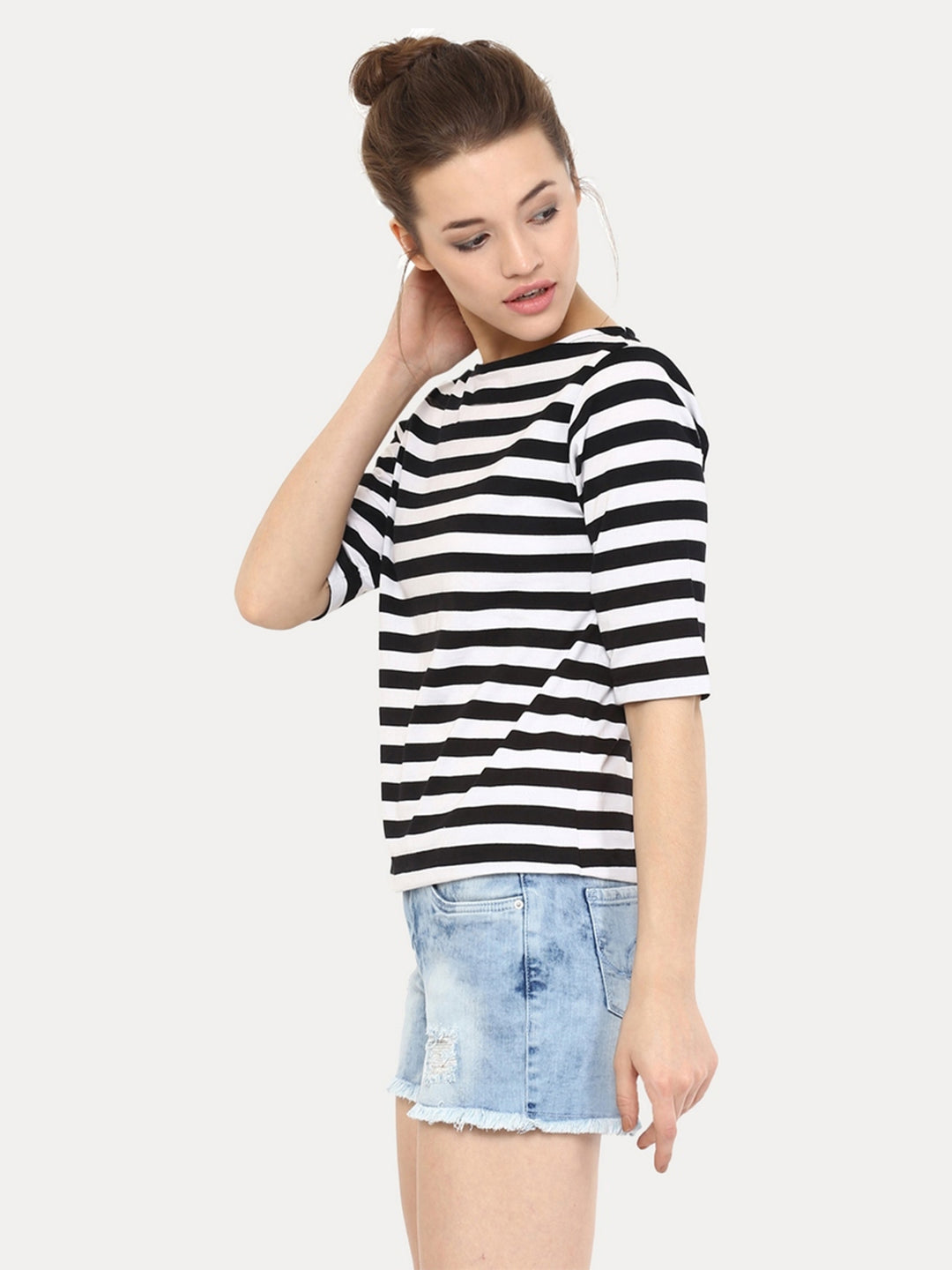 Women's Black and White Boat Neck Half Sleeves Solid Striped Top