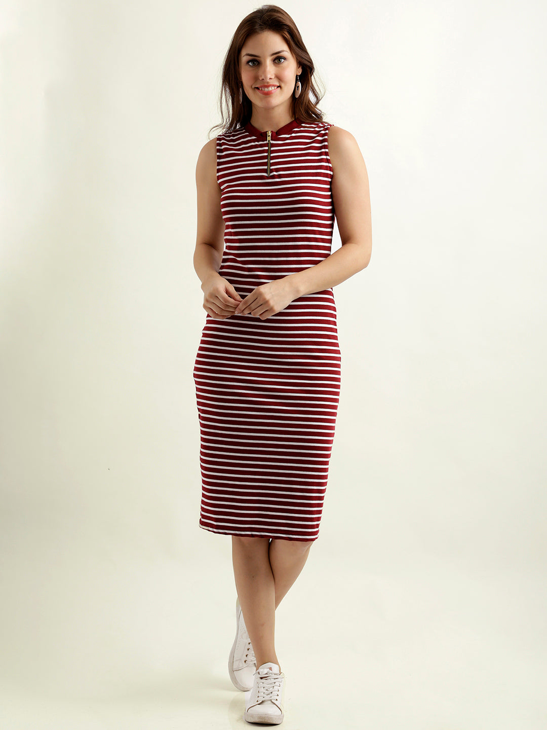 Women's Maroon and White Round Neck Sleeveless Striped Bodycon Dress