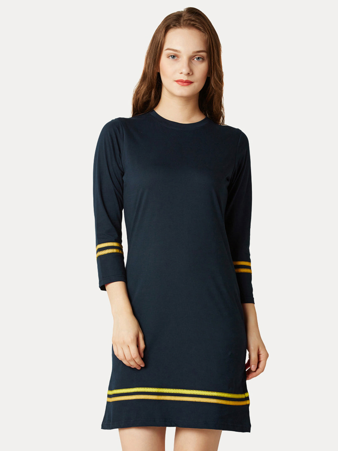 Women's Navy Blue Round Neck 3/4 Sleeves Solid Shift Dress