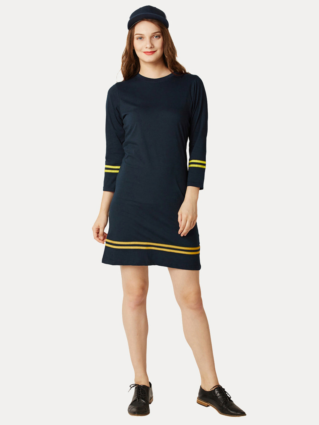 Women's Navy Blue Round Neck 3/4 Sleeves Solid Shift Dress