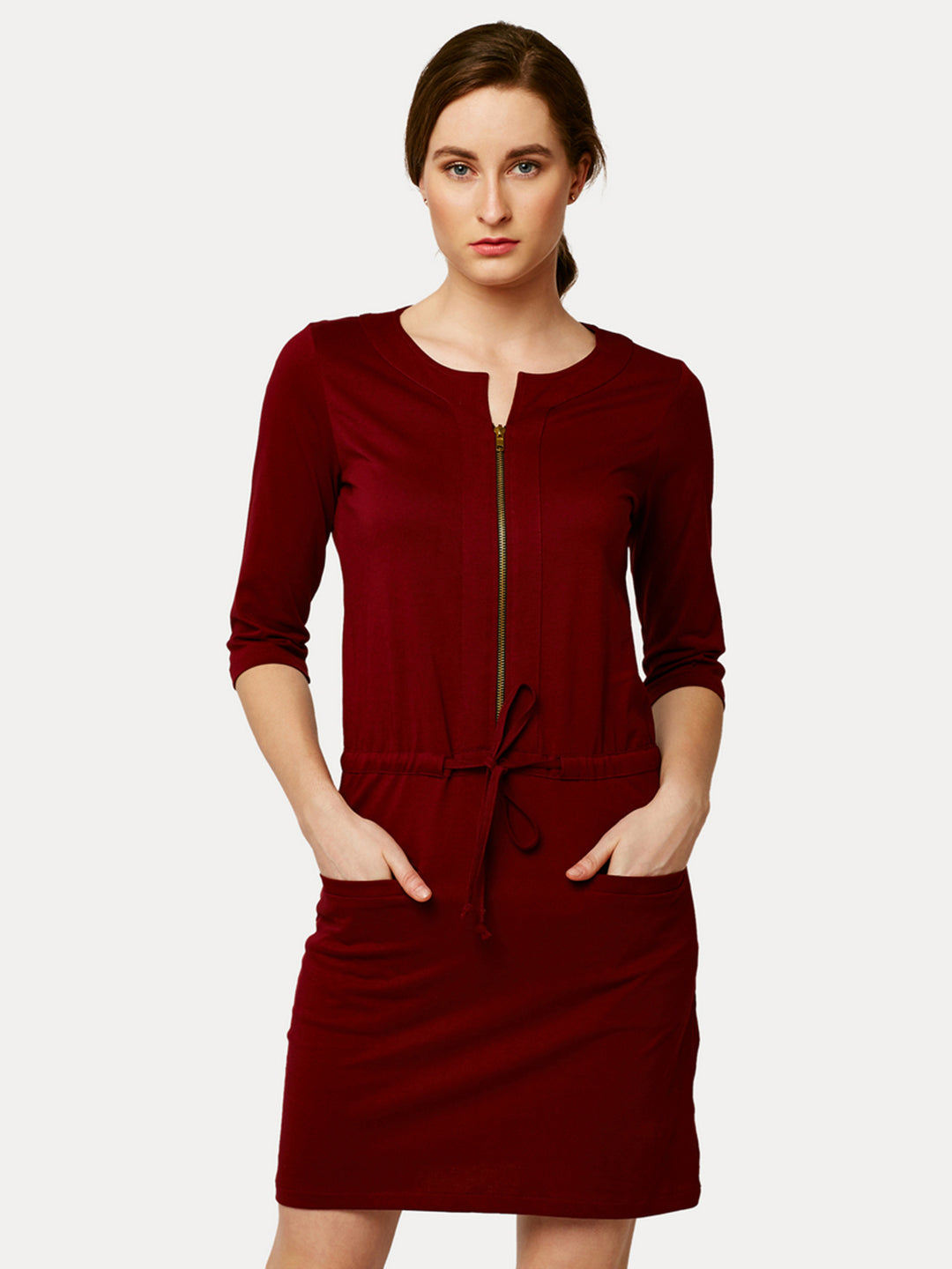 Women's Maroon Round Neck 3/4 Sleeves Cotton Solid Mini Shift Dress