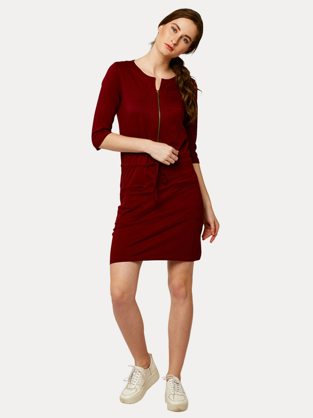 Women's Maroon Round Neck 3/4 Sleeves Cotton Solid Mini Shift Dress