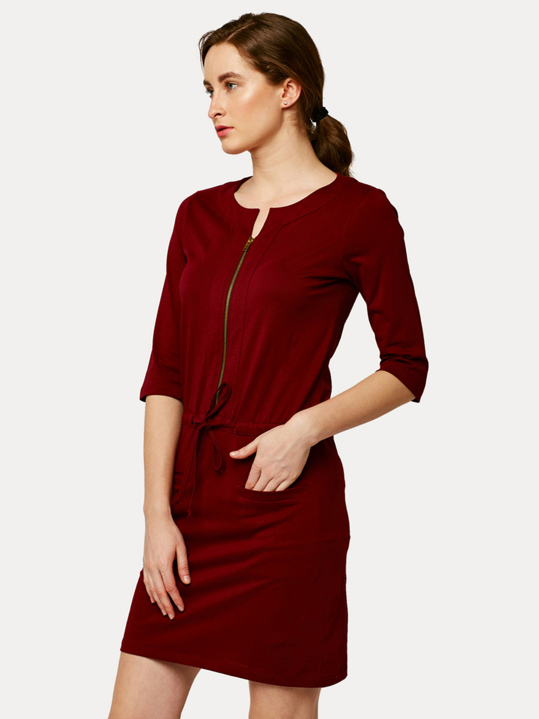 Women's Maroon Round Neck 3/4 Sleeves Cotton Solid Mini Shift Dress