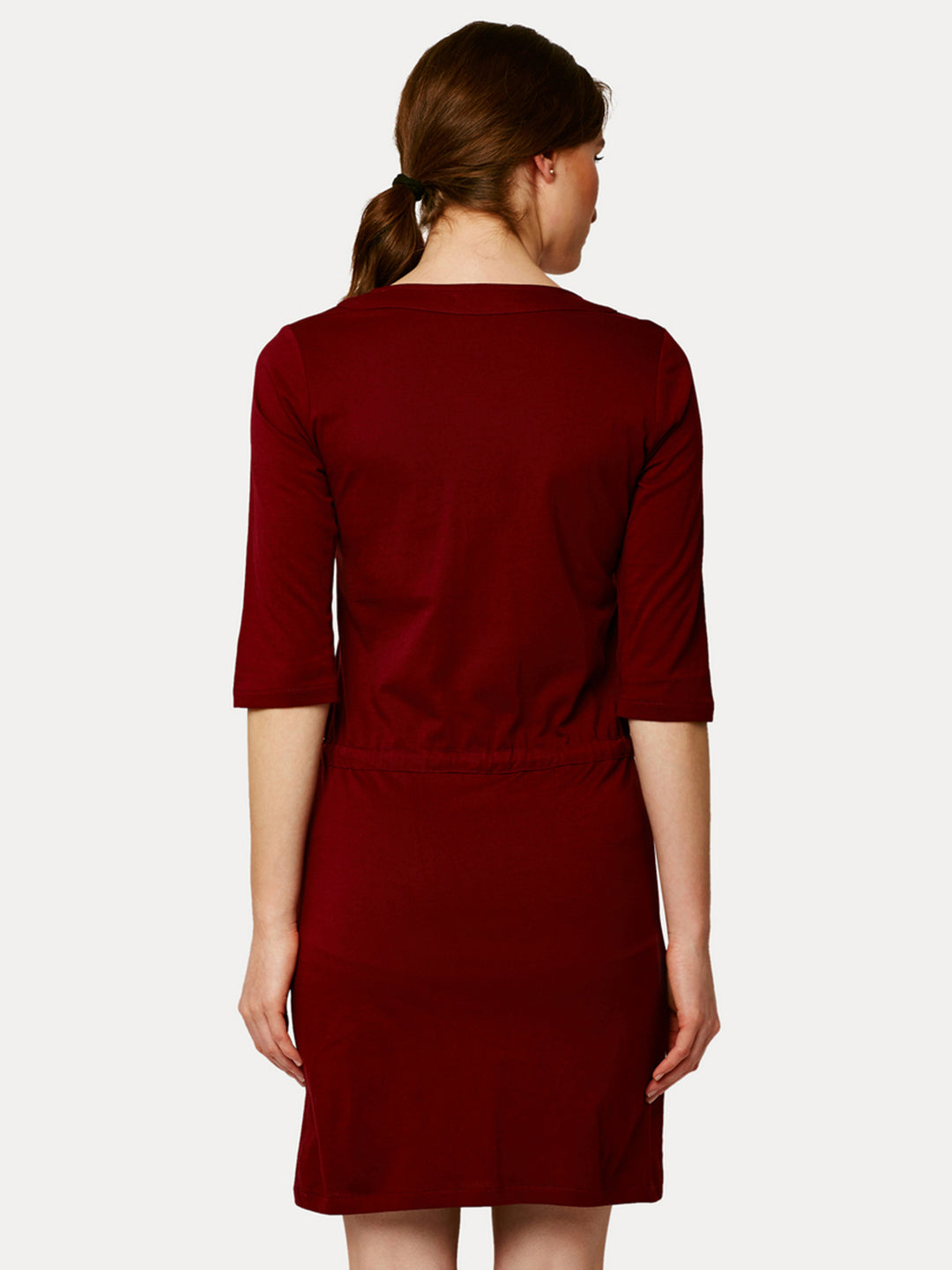 Women's Maroon Round Neck 3/4 Sleeves Cotton Solid Mini Shift Dress