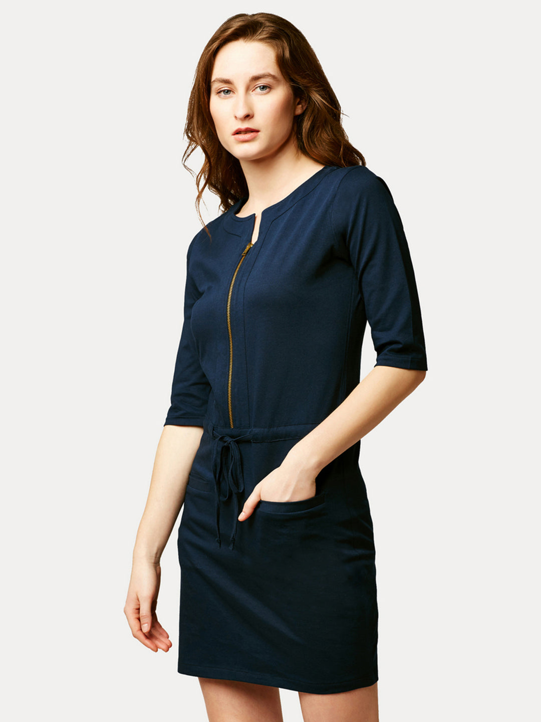 Women's Navy Blue Round Neck 3/4 Sleeves Cotton Solid Mini Shift Dress