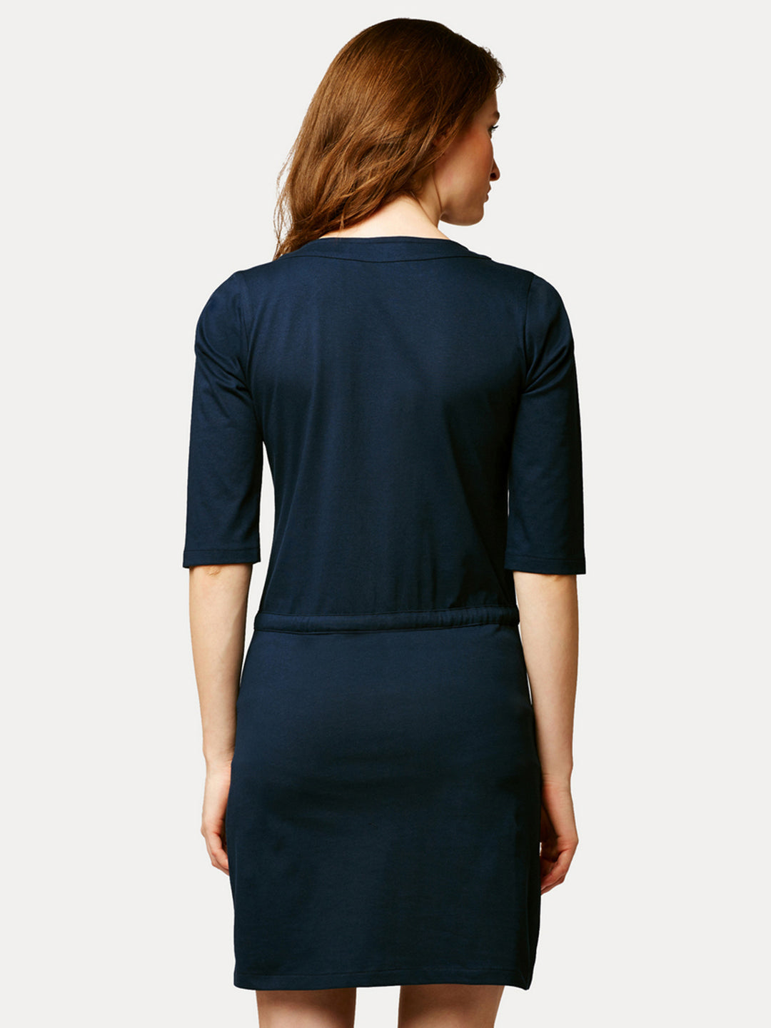 Women's Navy Blue Round Neck 3/4 Sleeves Cotton Solid Mini Shift Dress