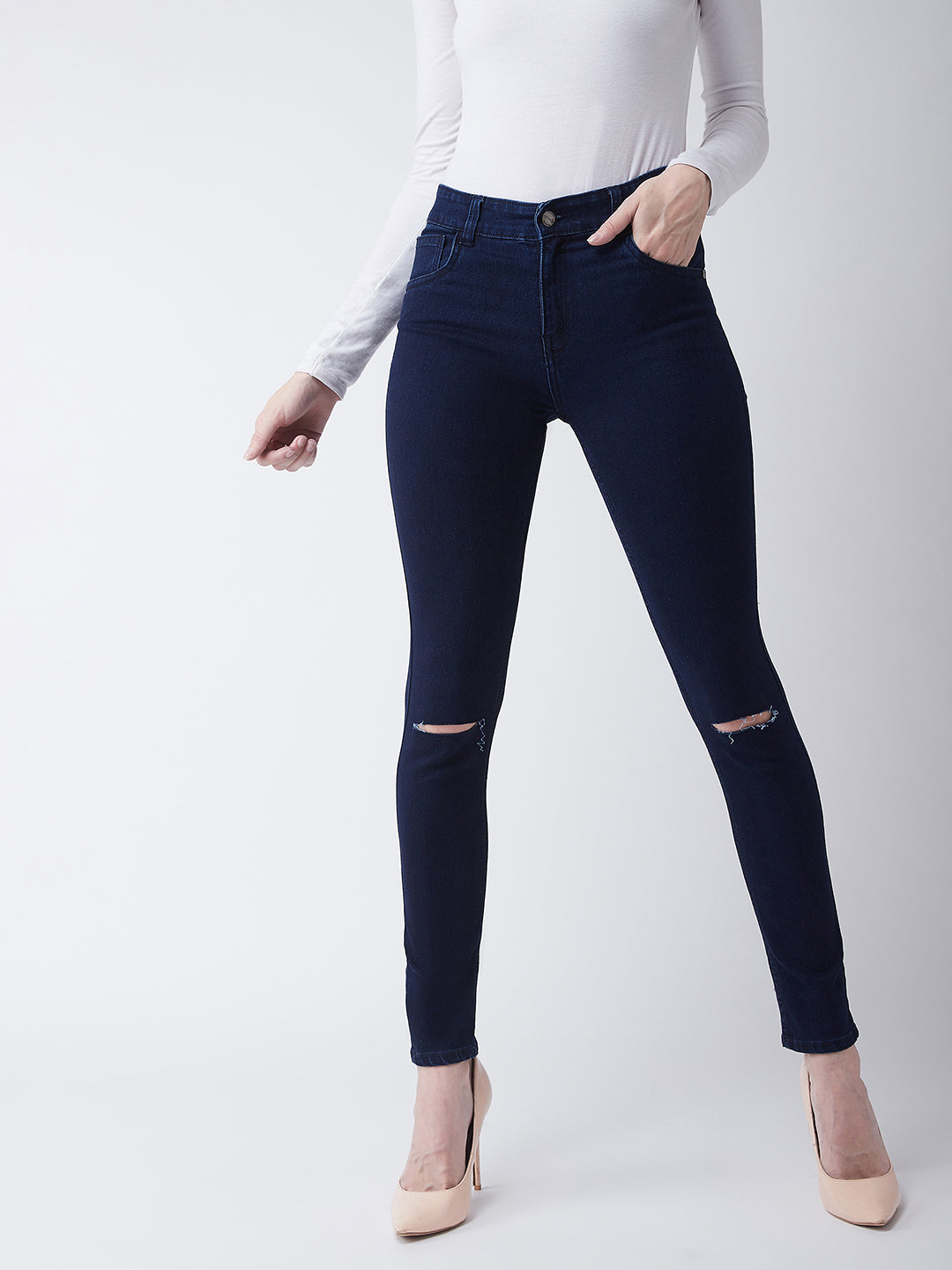 Women's Navy Blue Skinny Fit High Rise Regular Length Clean Look Knee Slit Denim Stretchable Jeans