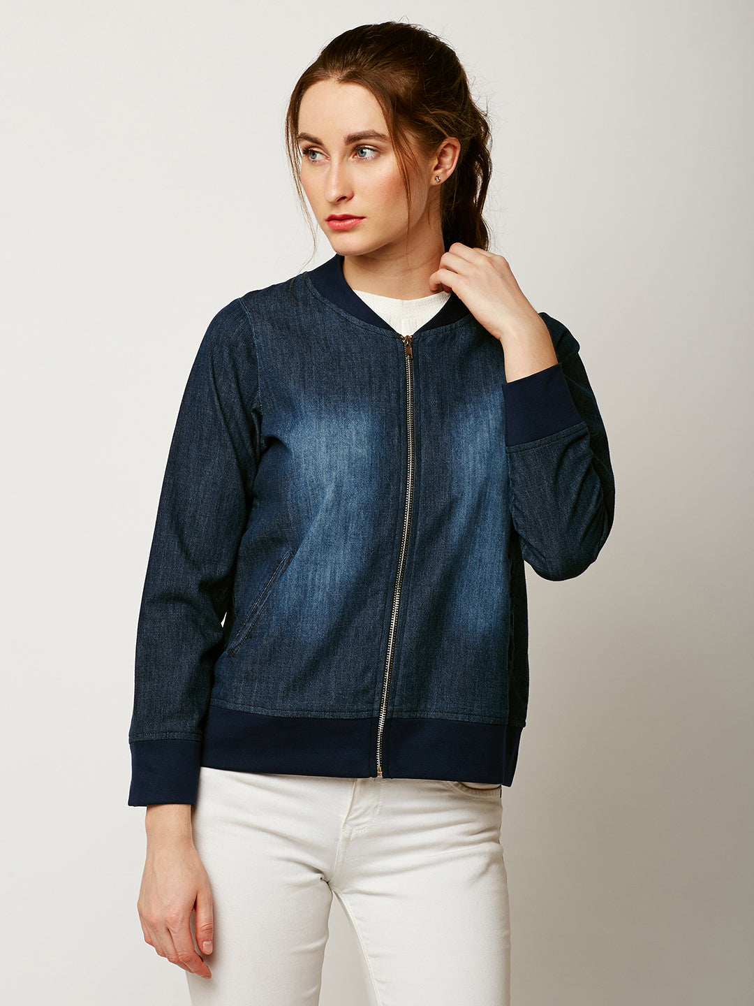 Women's Navy Blue V-Neck Full Sleeve Solid Denim Bomber Jacket