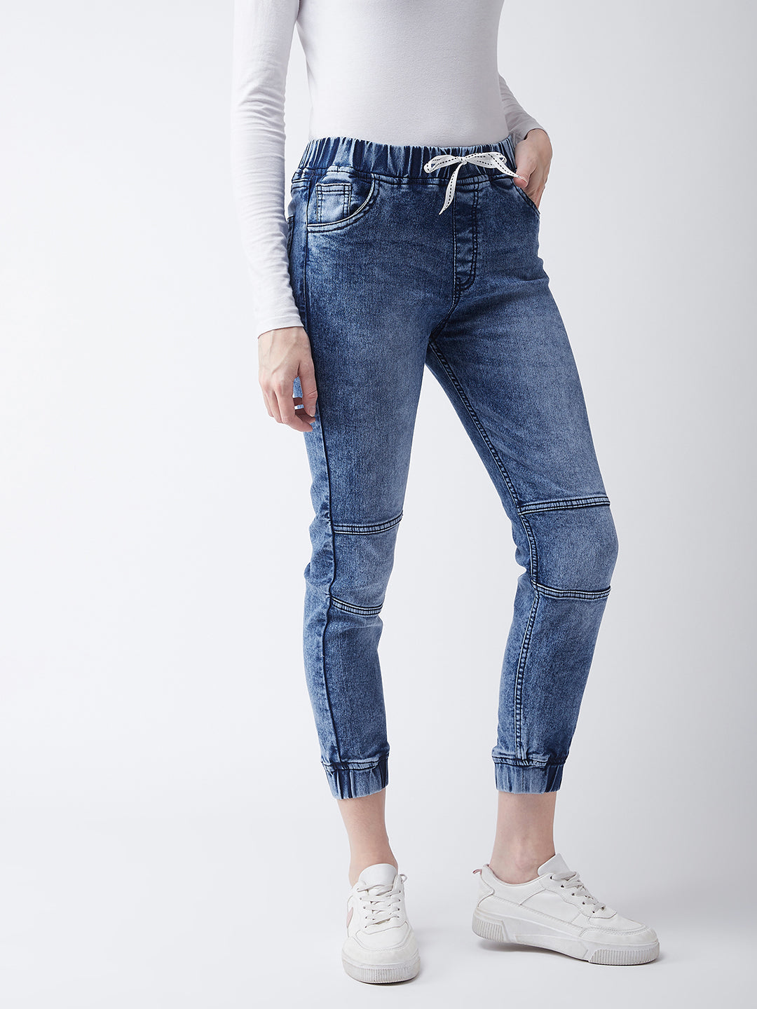 Women's Blue Relaxed Fit Mid Rise Regular Length Denim Stretchable Jogger Pants