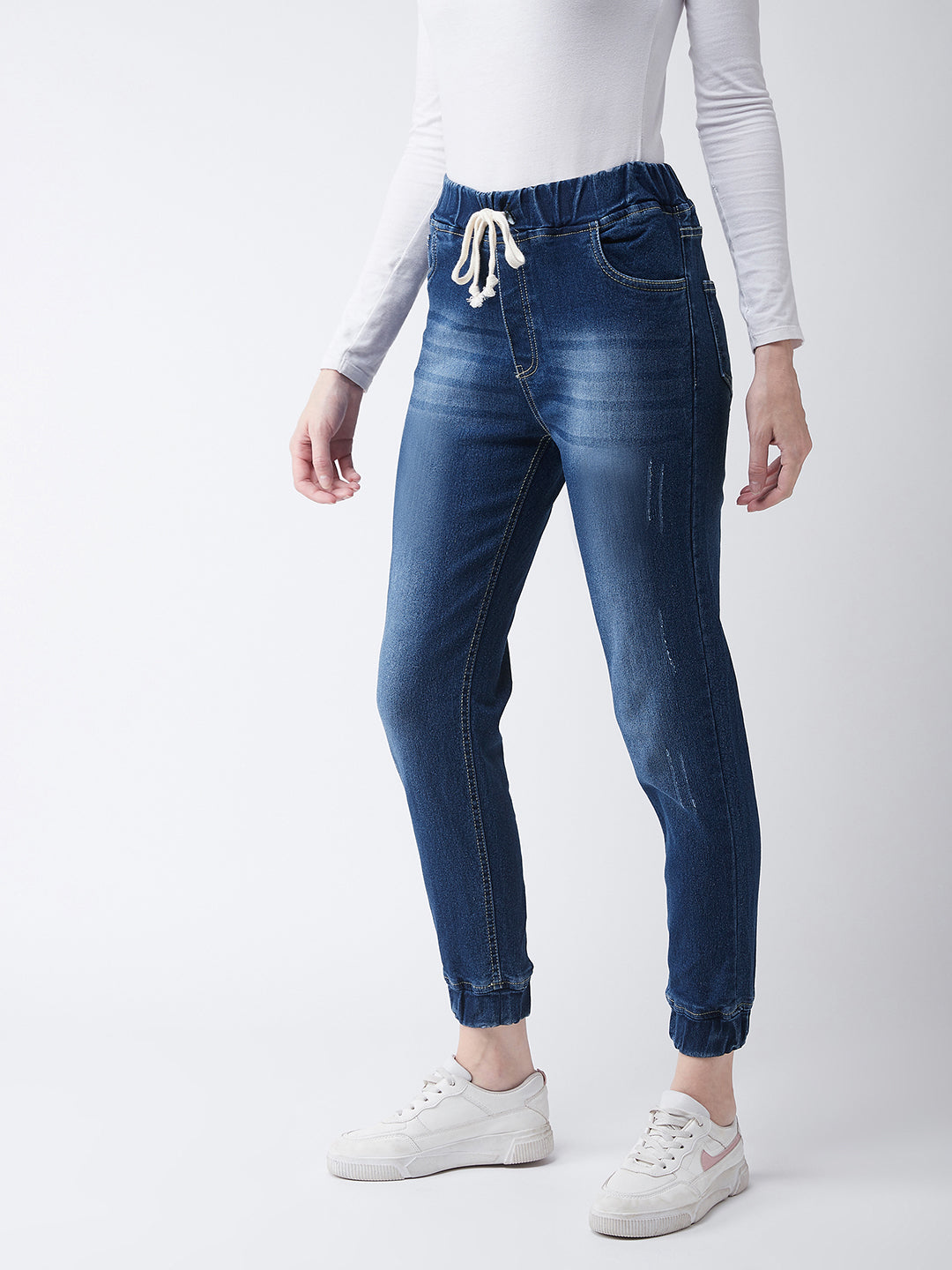 Women's Navy Blue Relaxed Fit Mid Rise Regular Length Scraped Denim Stretchable Jogger Pants