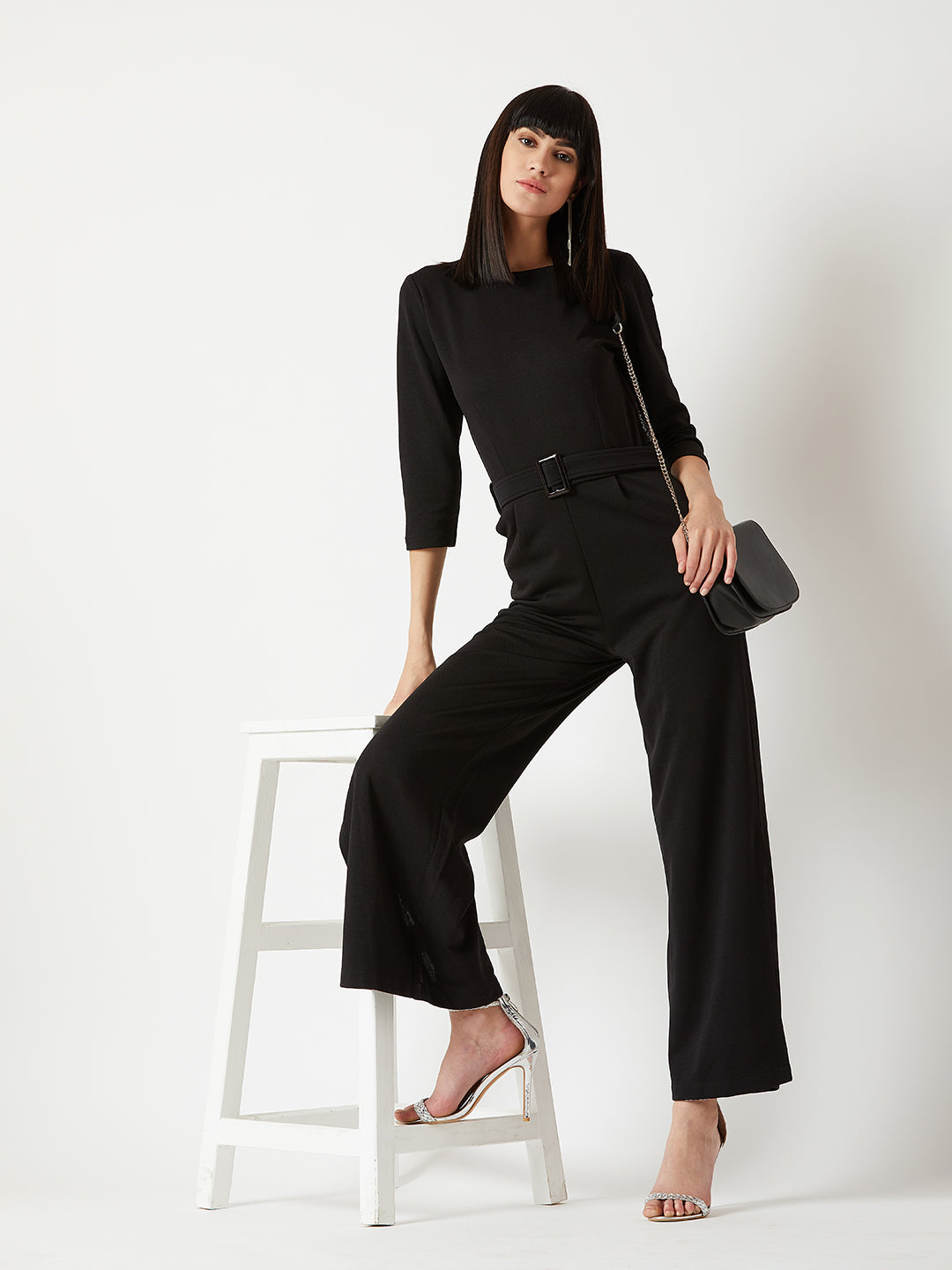 Crease Ease Women's Black Round Neck 3/4 Sleeve Solid Belted Wide leg Side Slit Maxi Jumpsuit