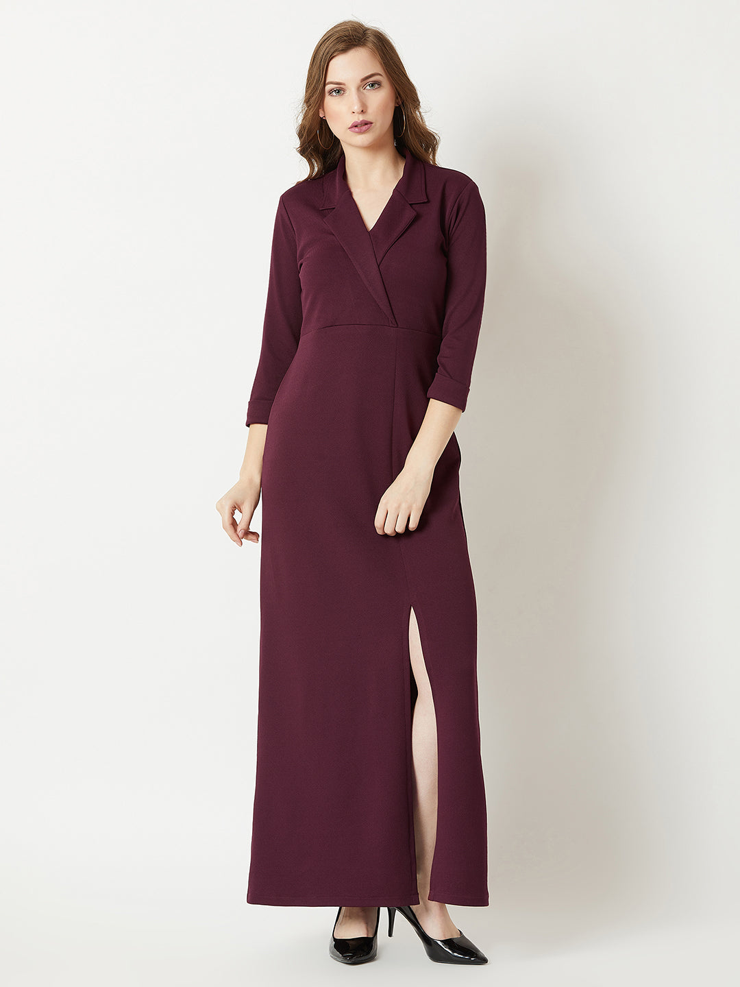 Crease Ease Women's Wine Red Collared V-Neck 3/4 Sleeve Solid Front Slit A-line Blazer Maxi Dress