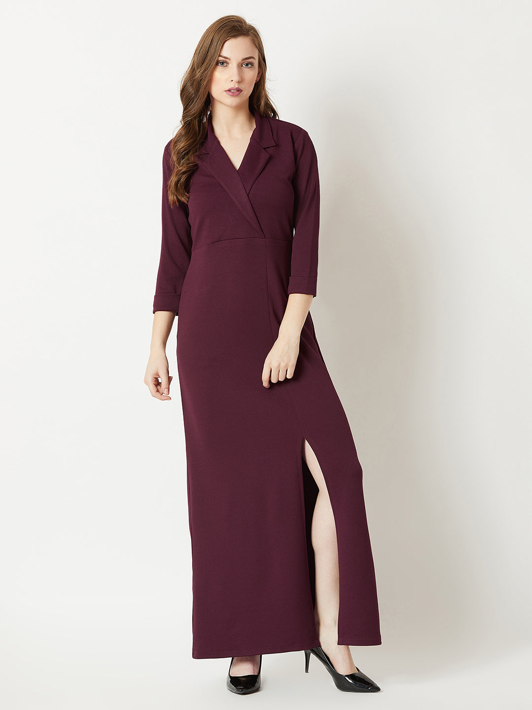 Crease Ease Women's Wine Red Collared V-Neck 3/4 Sleeve Solid Front Slit A-line Blazer Maxi Dress