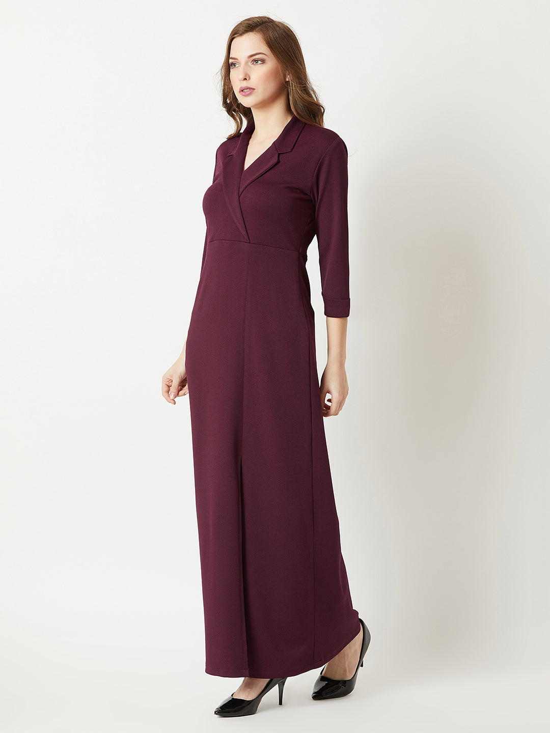 Crease Ease Women's Wine Red Collared V-Neck 3/4 Sleeve Solid Front Slit A-line Blazer Maxi Dress