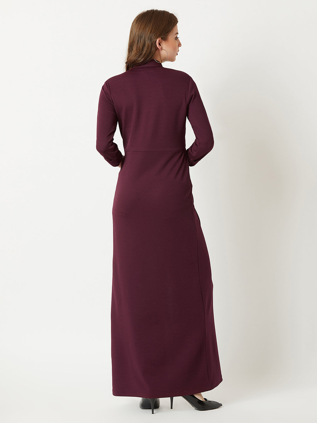 Crease Ease Women's Wine Red Collared V-Neck 3/4 Sleeve Solid Front Slit A-line Blazer Maxi Dress