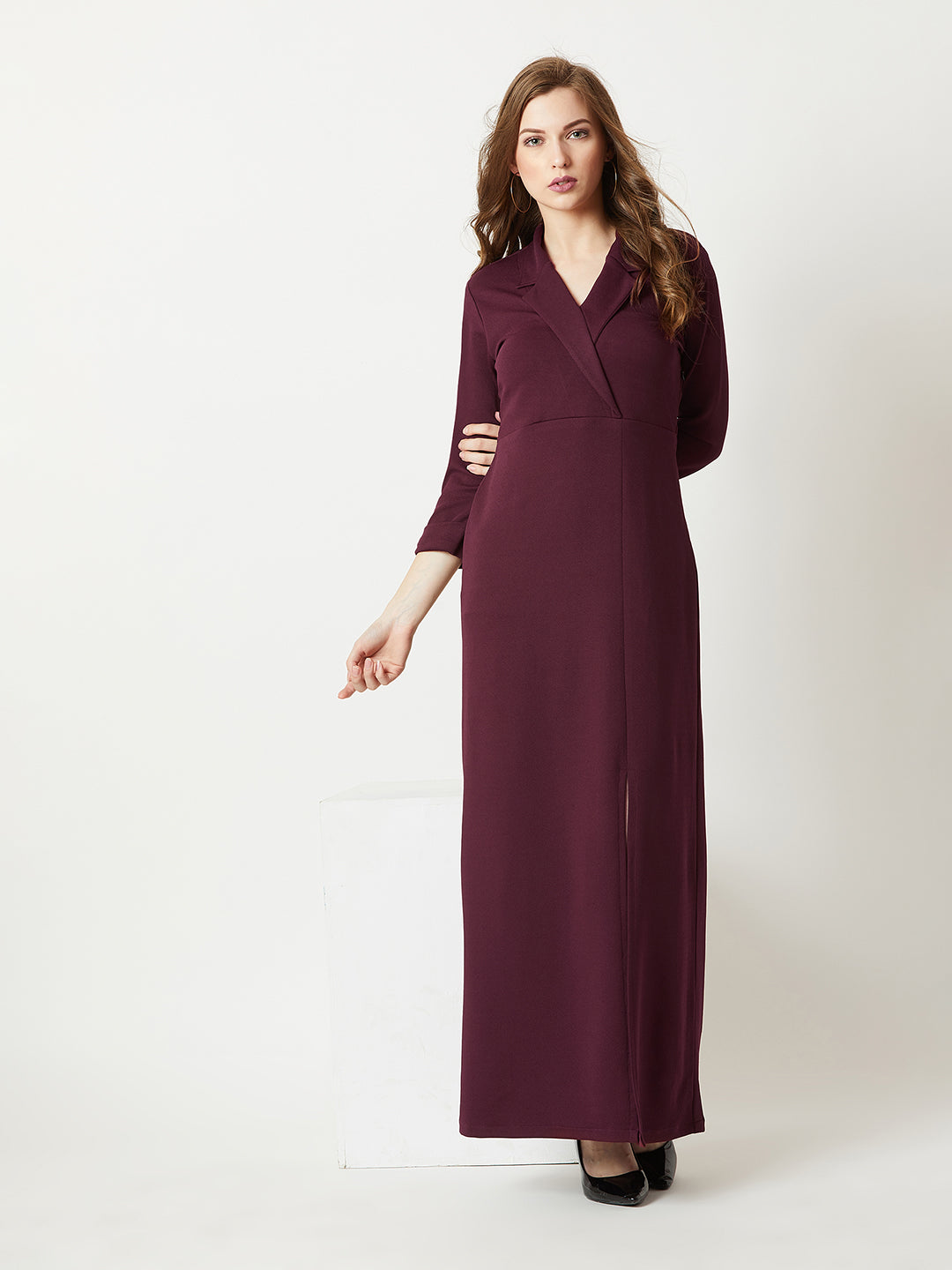 Crease Ease Women's Wine Red Collared V-Neck 3/4 Sleeve Solid Front Slit A-line Blazer Maxi Dress