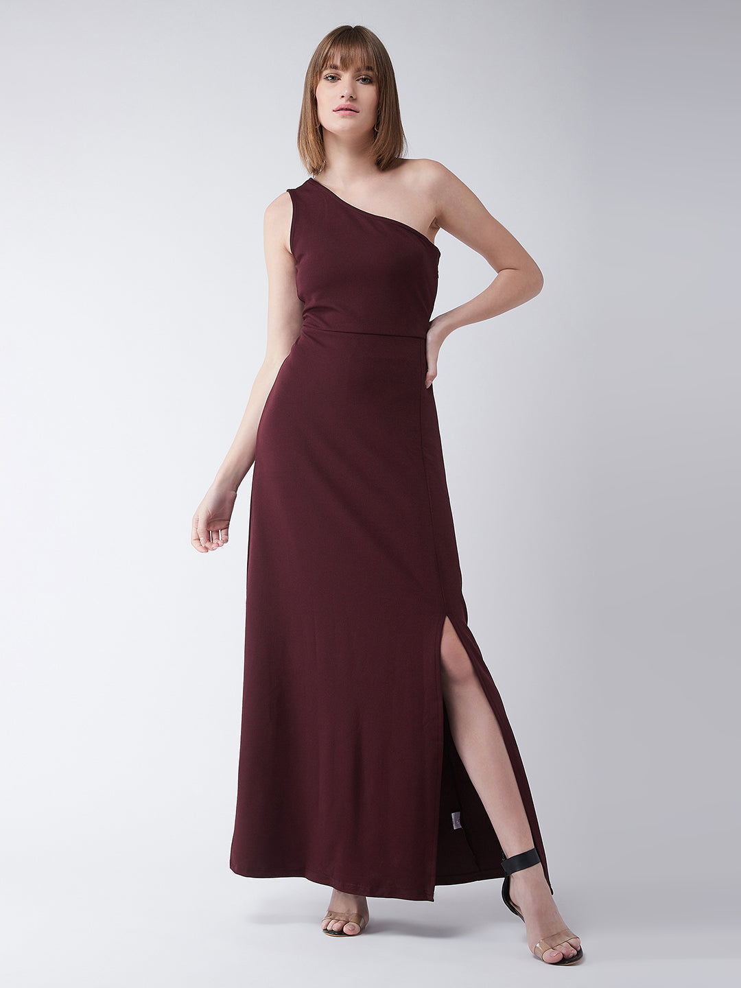 Women's Wine Red One-Shoulder Sleeveless Solid Side Slit Maxi Dress