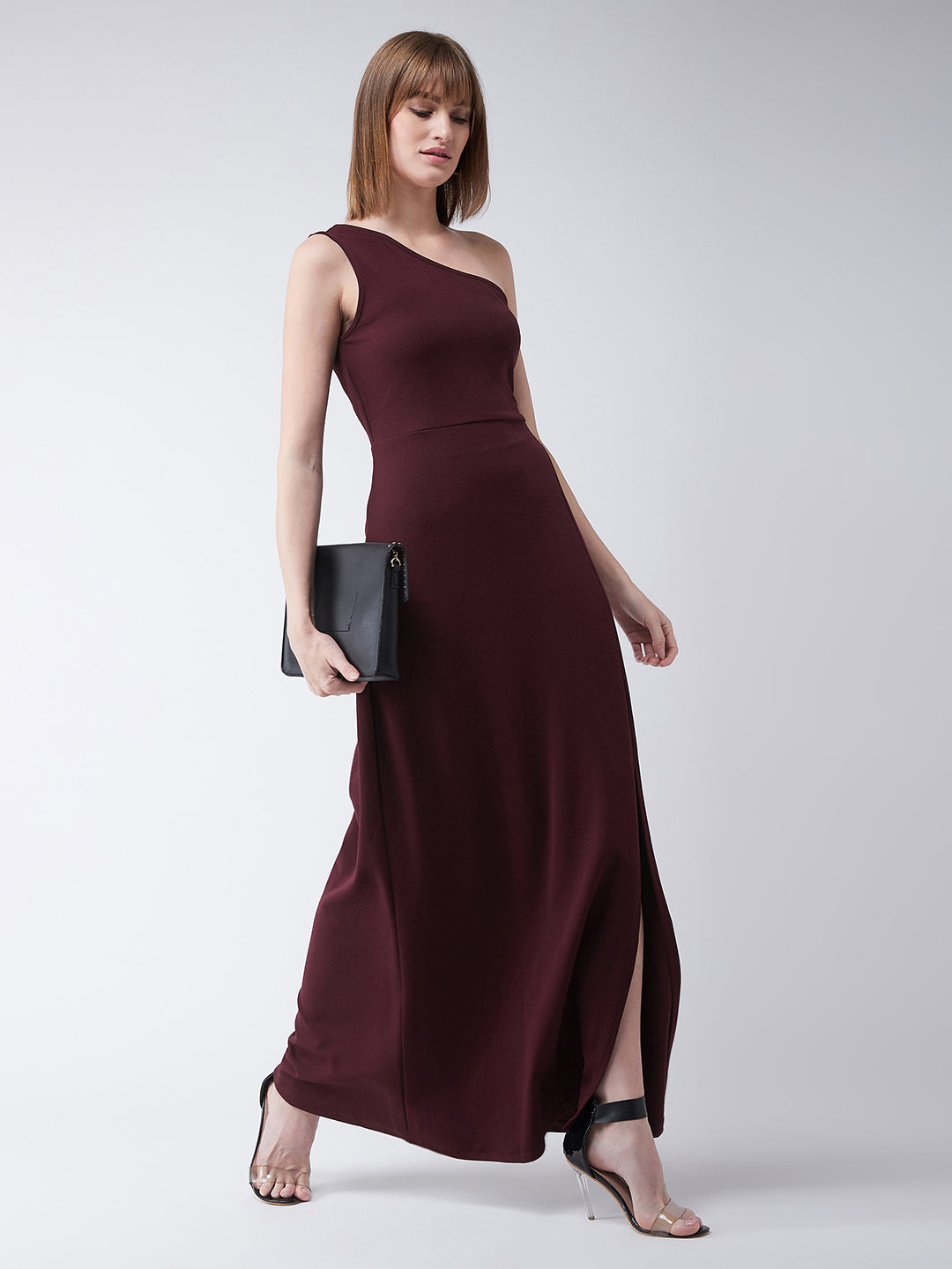 Women's Wine Red One-Shoulder Sleeveless Solid Side Slit Maxi Dress