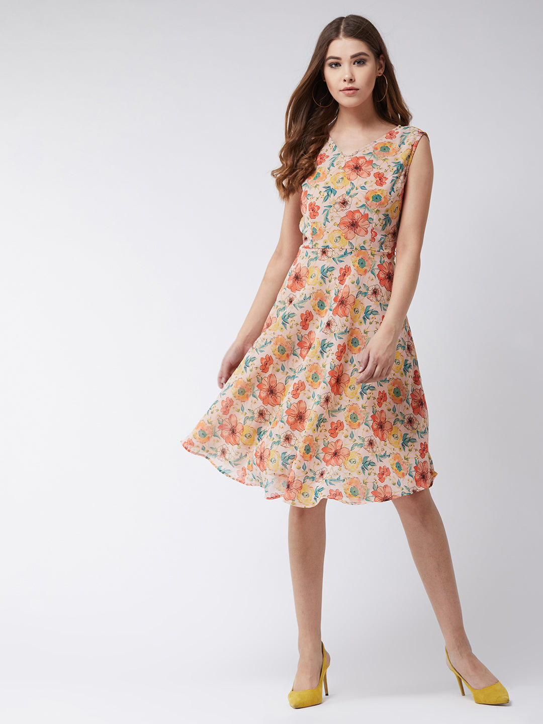 Women's Multicolor Round Neck Sleeveless Belted Floral Skater Knee Long Dress