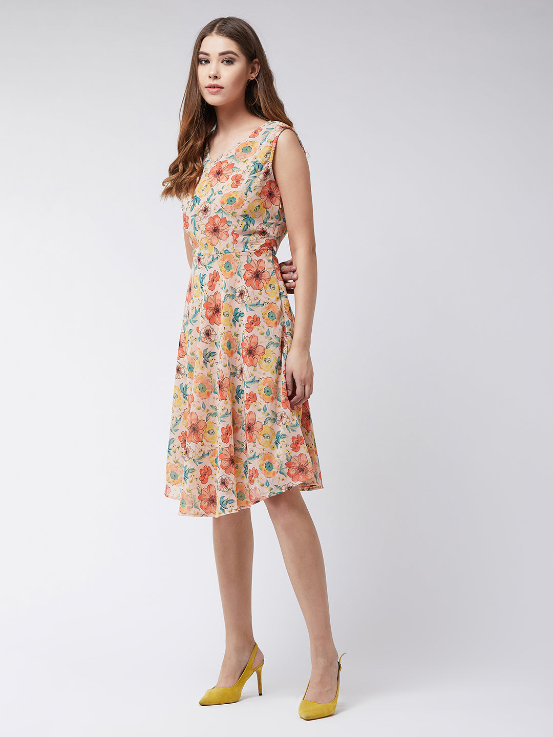 Women's Multicolor Round Neck Sleeveless Belted Floral Skater Knee Long Dress