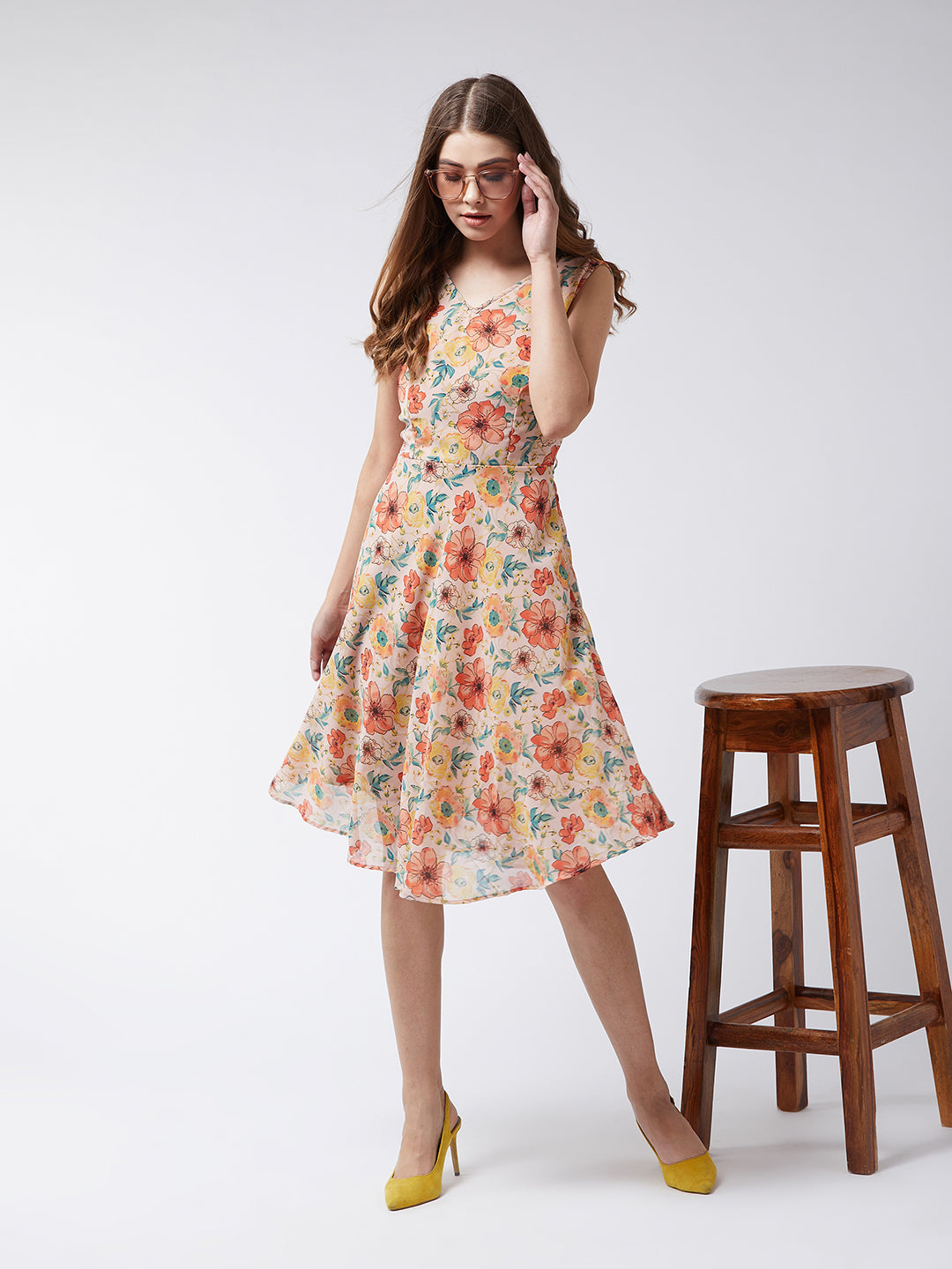 Women's Multicolor Round Neck Sleeveless Belted Floral Skater Knee Long Dress