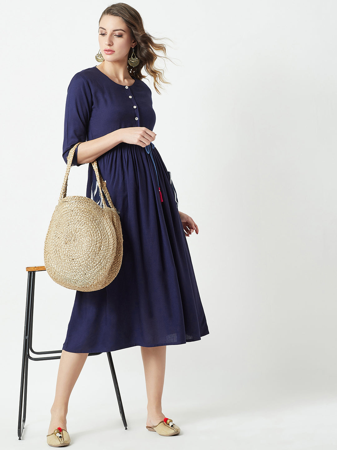 Women's Navy Blue Round Neck 3/4 Sleeve Belted Solid Gathered Midi Dress