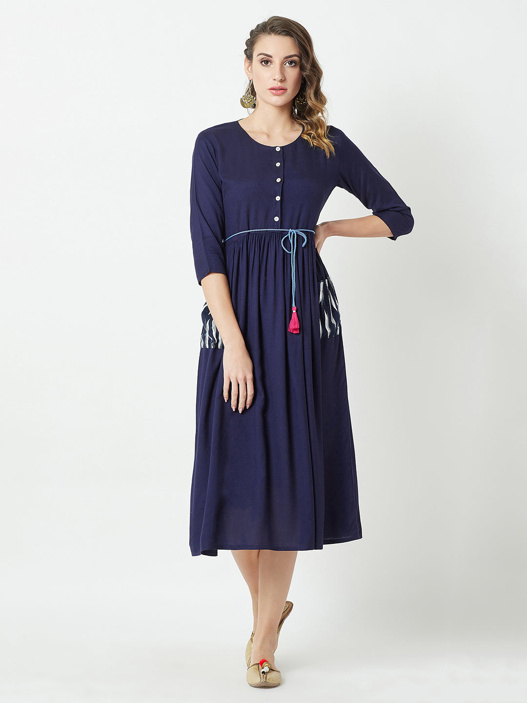 Women's Navy Blue Round Neck 3/4 Sleeve Belted Solid Gathered Midi Dress