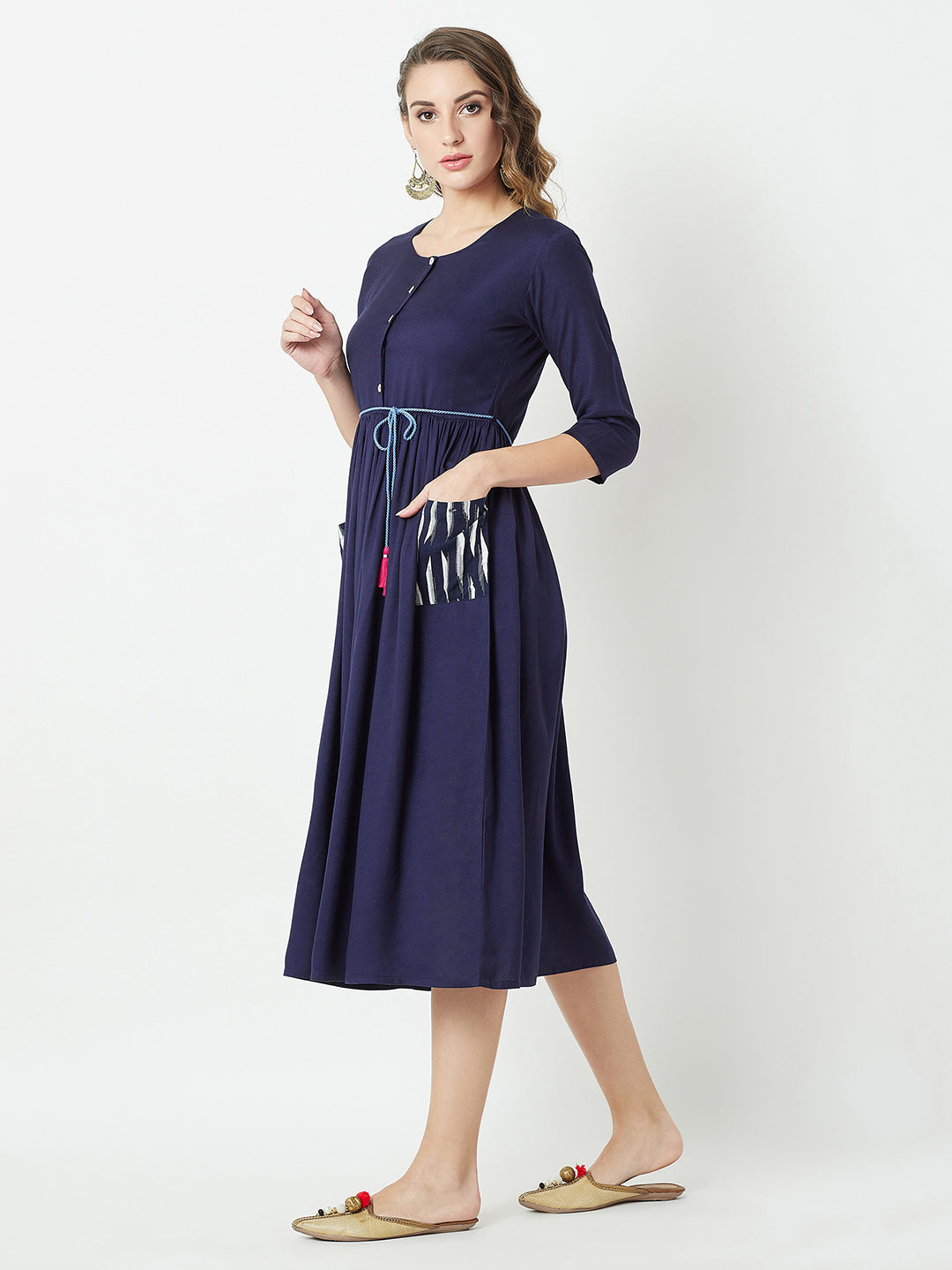 Women's Navy Blue Round Neck 3/4 Sleeve Belted Solid Gathered Midi Dress