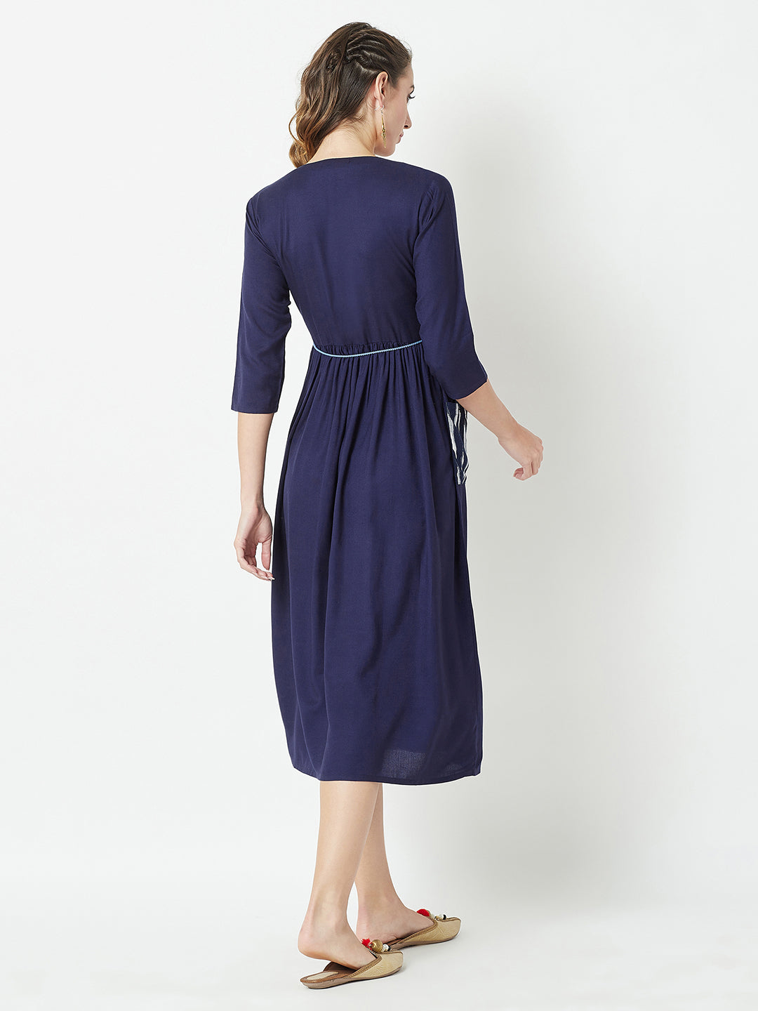Women's Navy Blue Round Neck 3/4 Sleeve Belted Solid Gathered Midi Dress