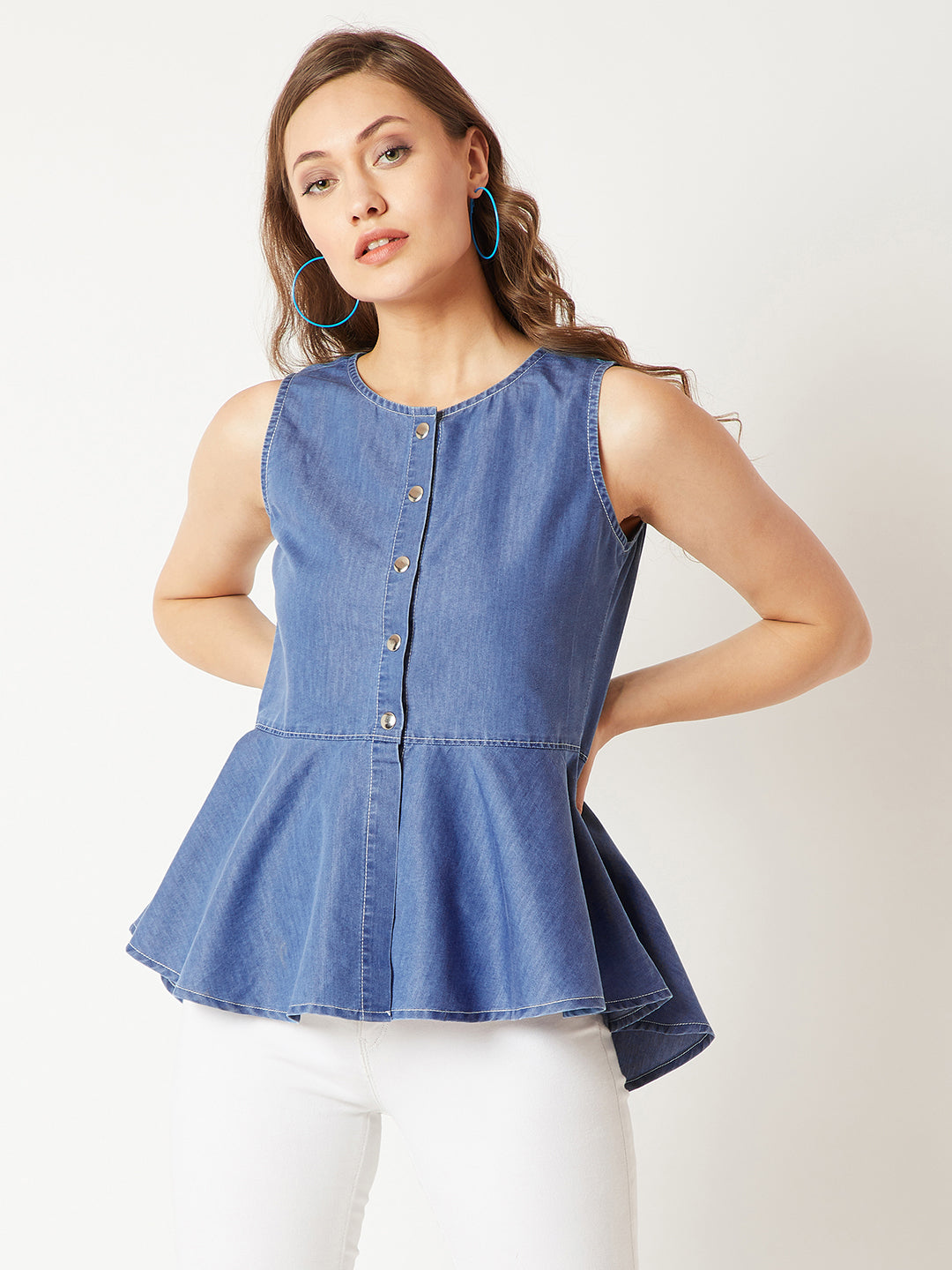 Women's Blue Round Neck Sleeveless Denim Front Open Solid Peplum Top