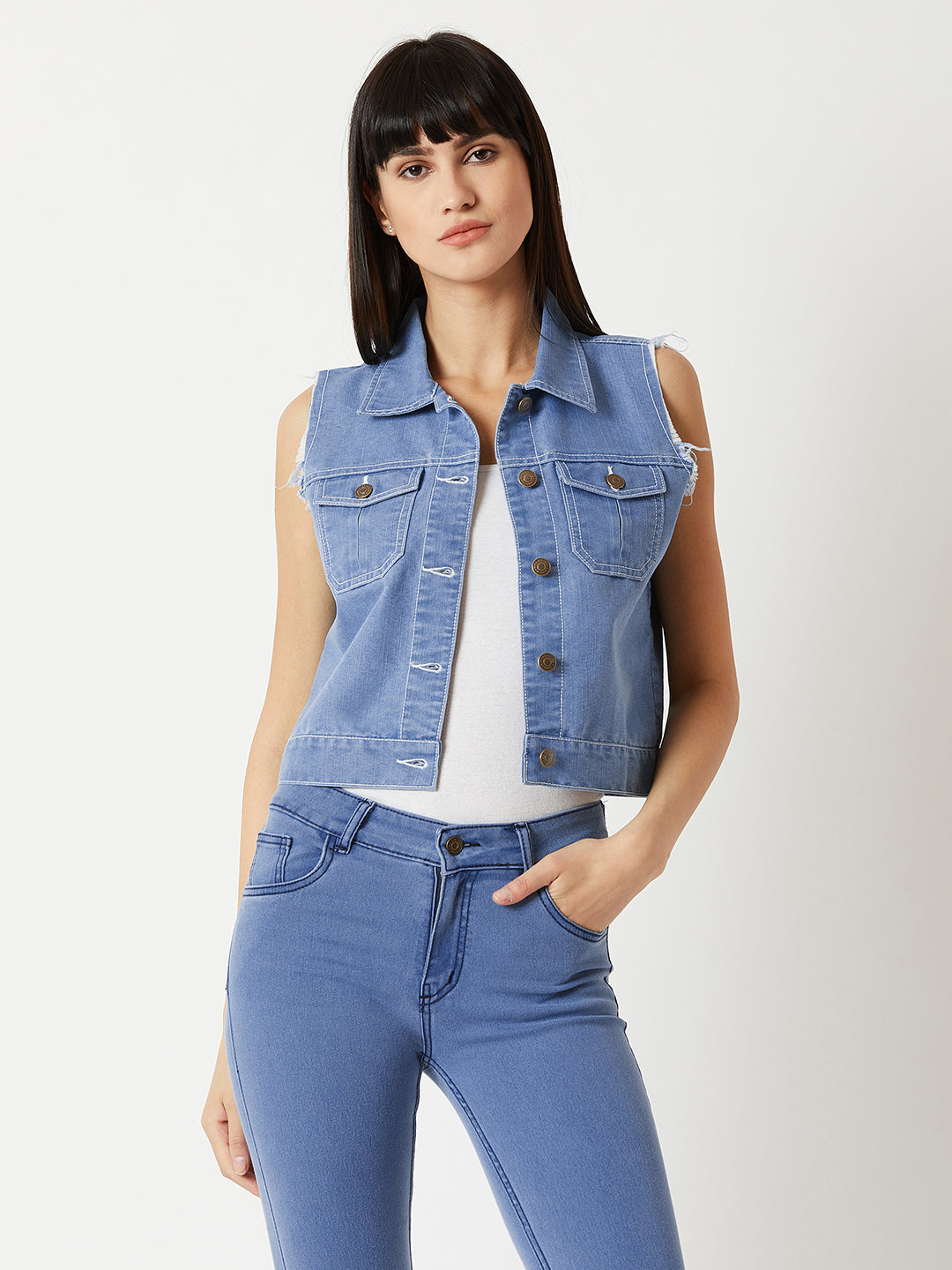 Women's Light Blue Polo Neck Sleeveless Denim Solid Buttoned Ice Wash Raw Edge Detailing Crop Denim Jacket