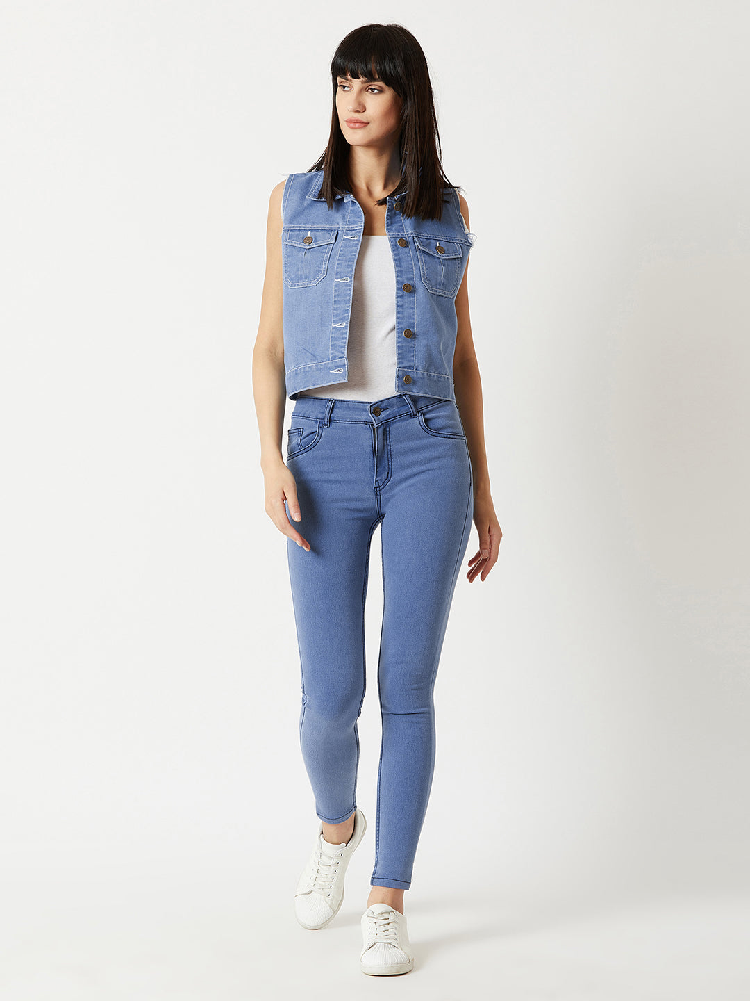 Women's Light Blue Polo Neck Sleeveless Denim Solid Buttoned Ice Wash Raw Edge Detailing Crop Denim Jacket