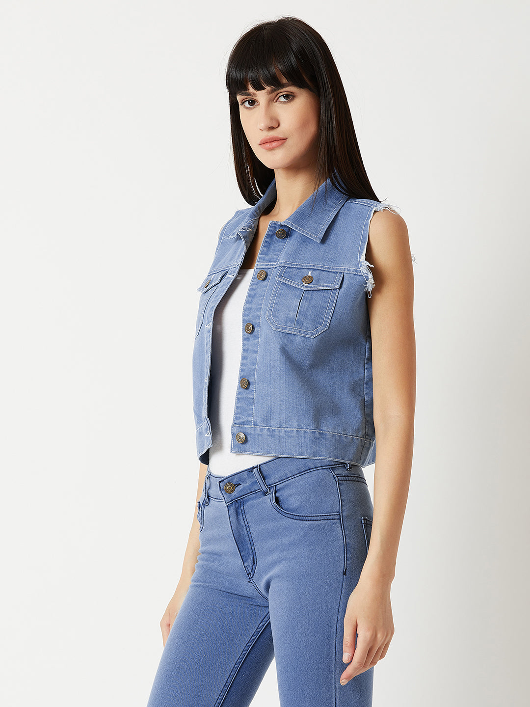 Women's Light Blue Polo Neck Sleeveless Denim Solid Buttoned Ice Wash Raw Edge Detailing Crop Denim Jacket