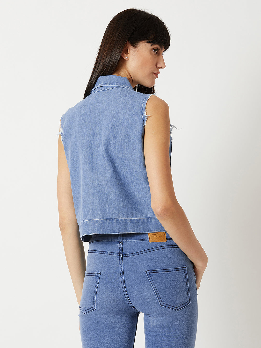 Women's Light Blue Polo Neck Sleeveless Denim Solid Buttoned Ice Wash Raw Edge Detailing Crop Denim Jacket