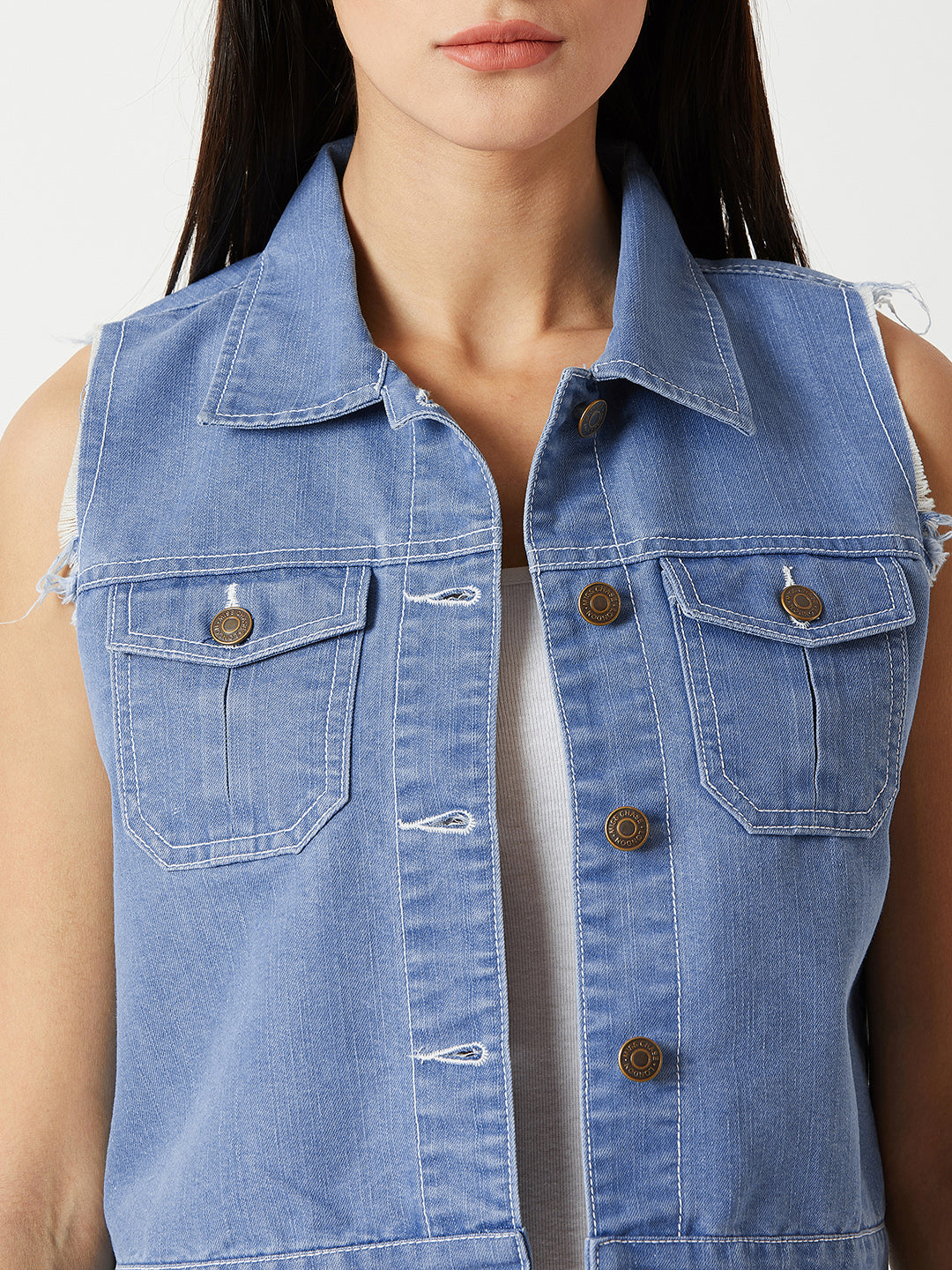 Women's Light Blue Polo Neck Sleeveless Denim Solid Buttoned Ice Wash Raw Edge Detailing Crop Denim Jacket