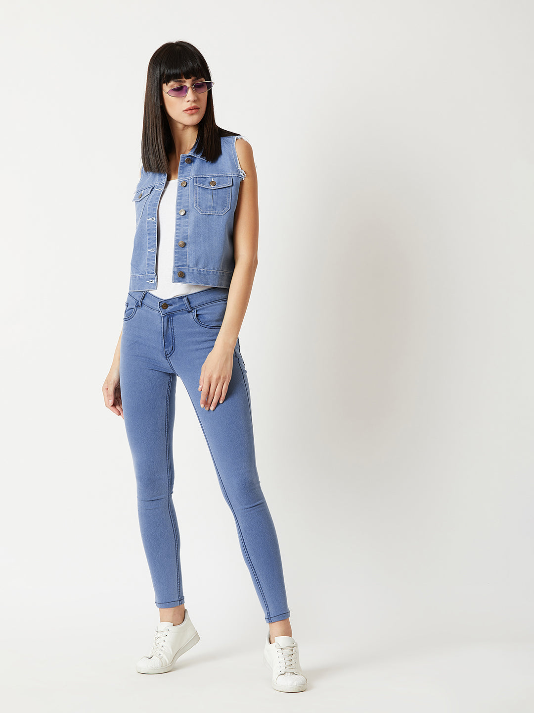 Women's Light Blue Polo Neck Sleeveless Denim Solid Buttoned Ice Wash Raw Edge Detailing Crop Denim Jacket