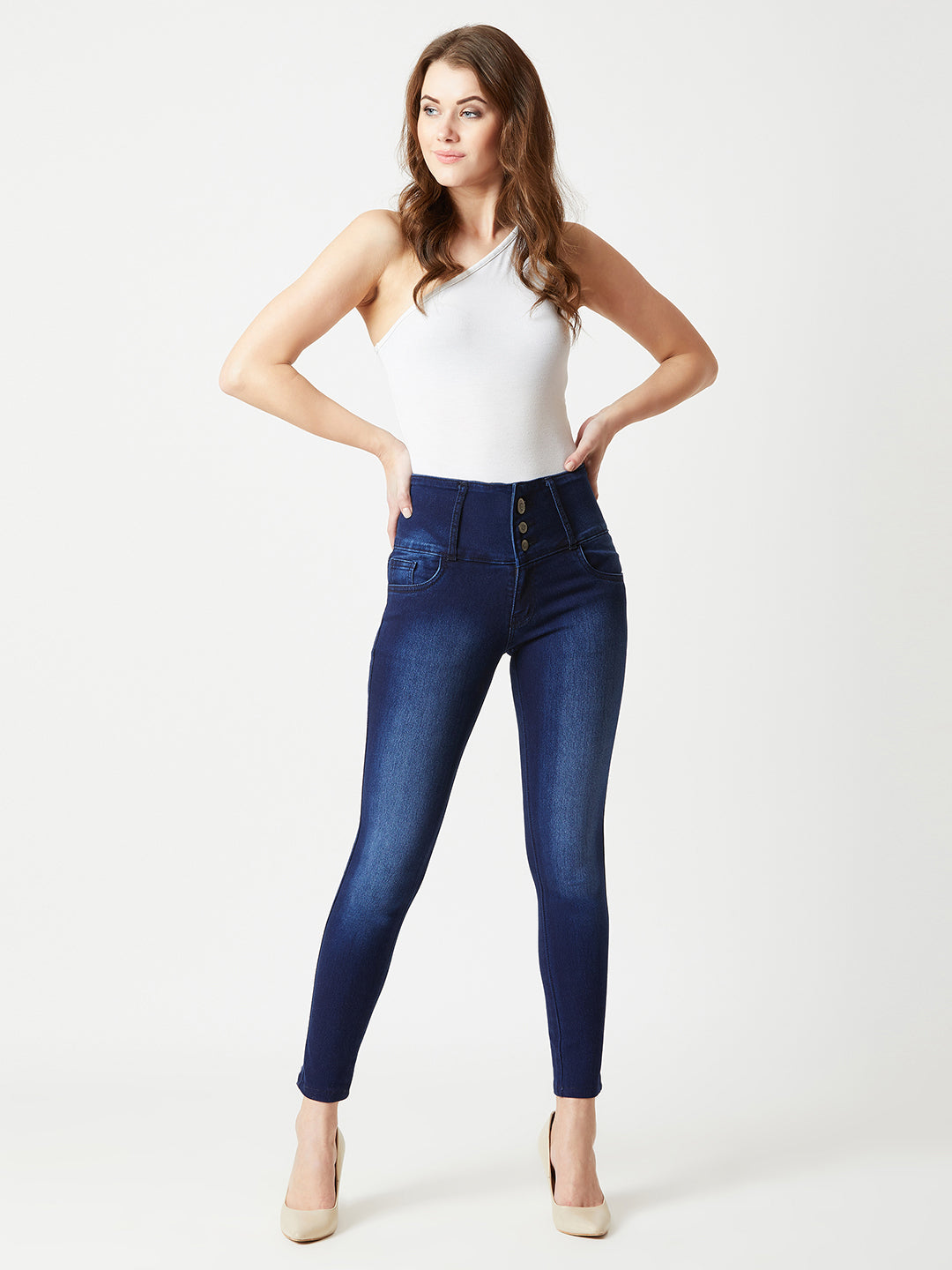 Women's Navy Blue Skinny Fit High Rise Clean Look Cropped Length Stretchable High Waist Denim Jeans