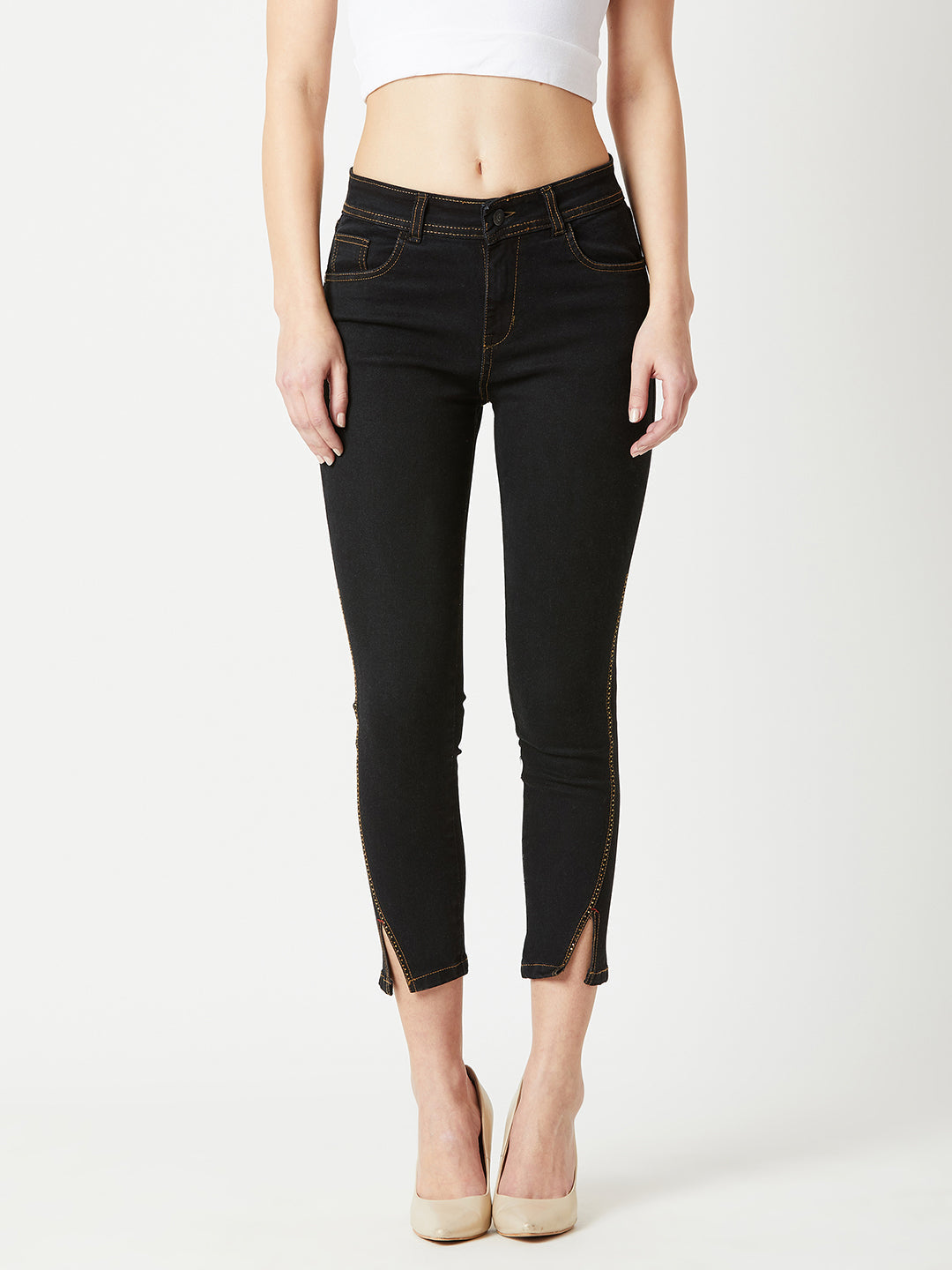 Women's Black Embellished Skinny High Rise Side Slit Solid Cropped Length Stretchable Denim Jeans