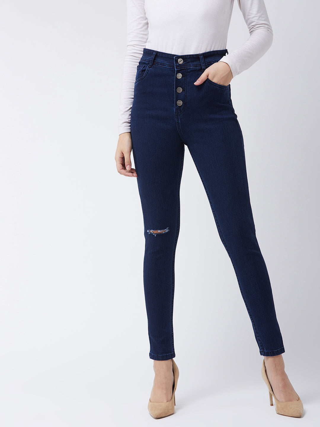 Women's Navy Blue Skinny High Rise Knee Slit Denim Jeans